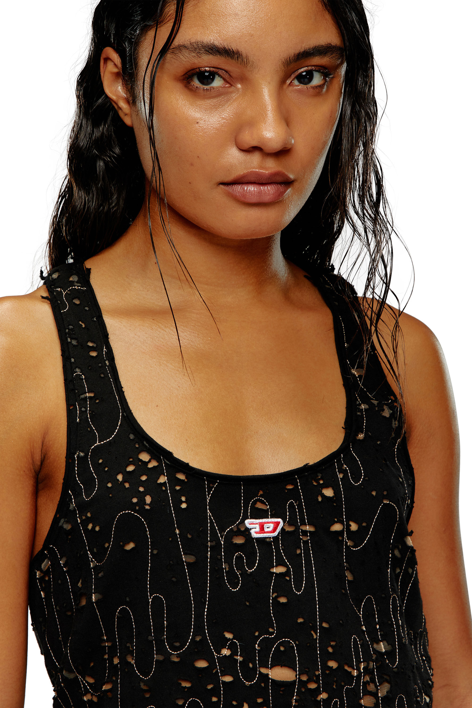 Diesel - T-BILS-DEV, Woman's Tulle tank top with destroyed jersey in Black - 5
