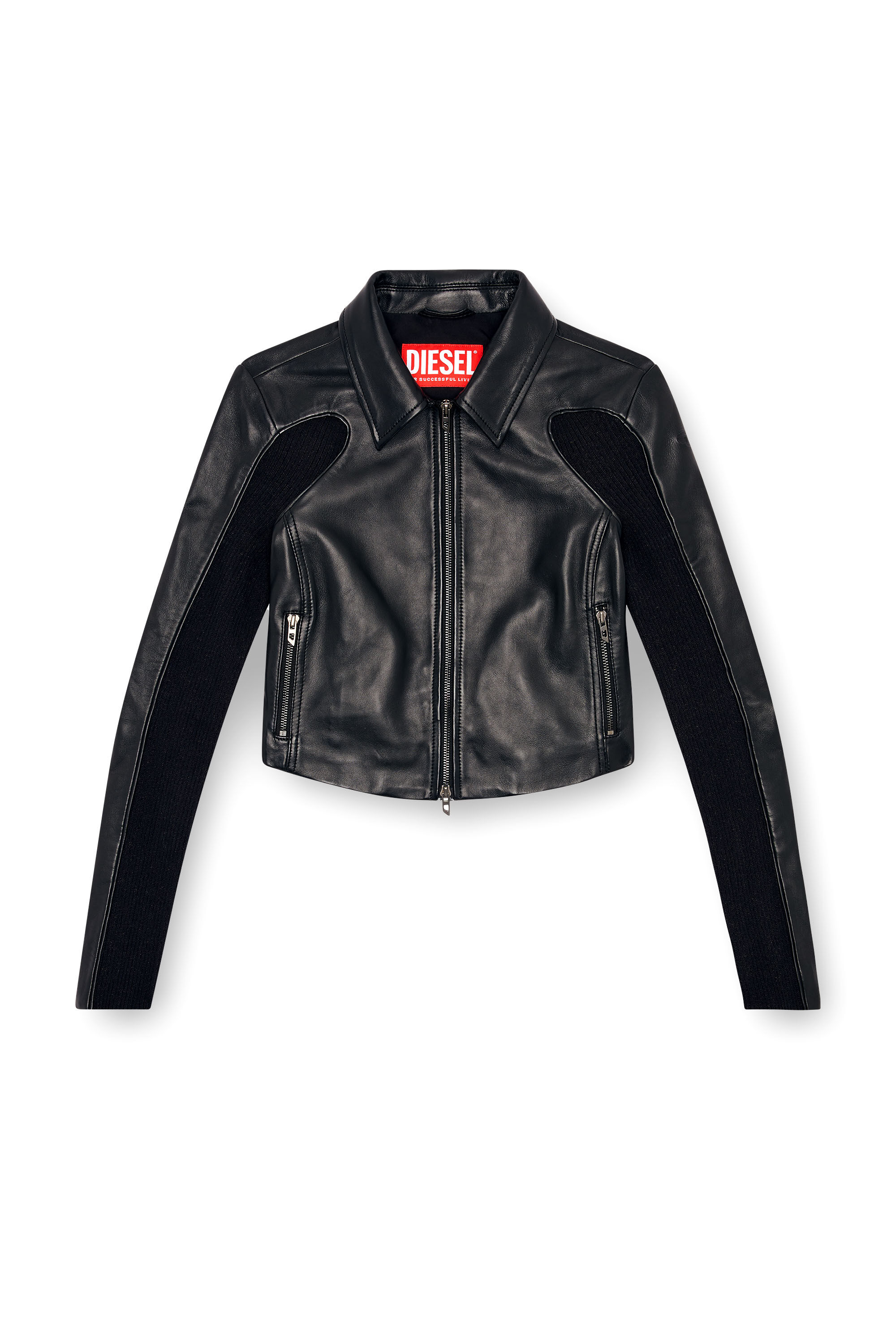 Women s Cropped leather jacket with knit inserts Black Diesel