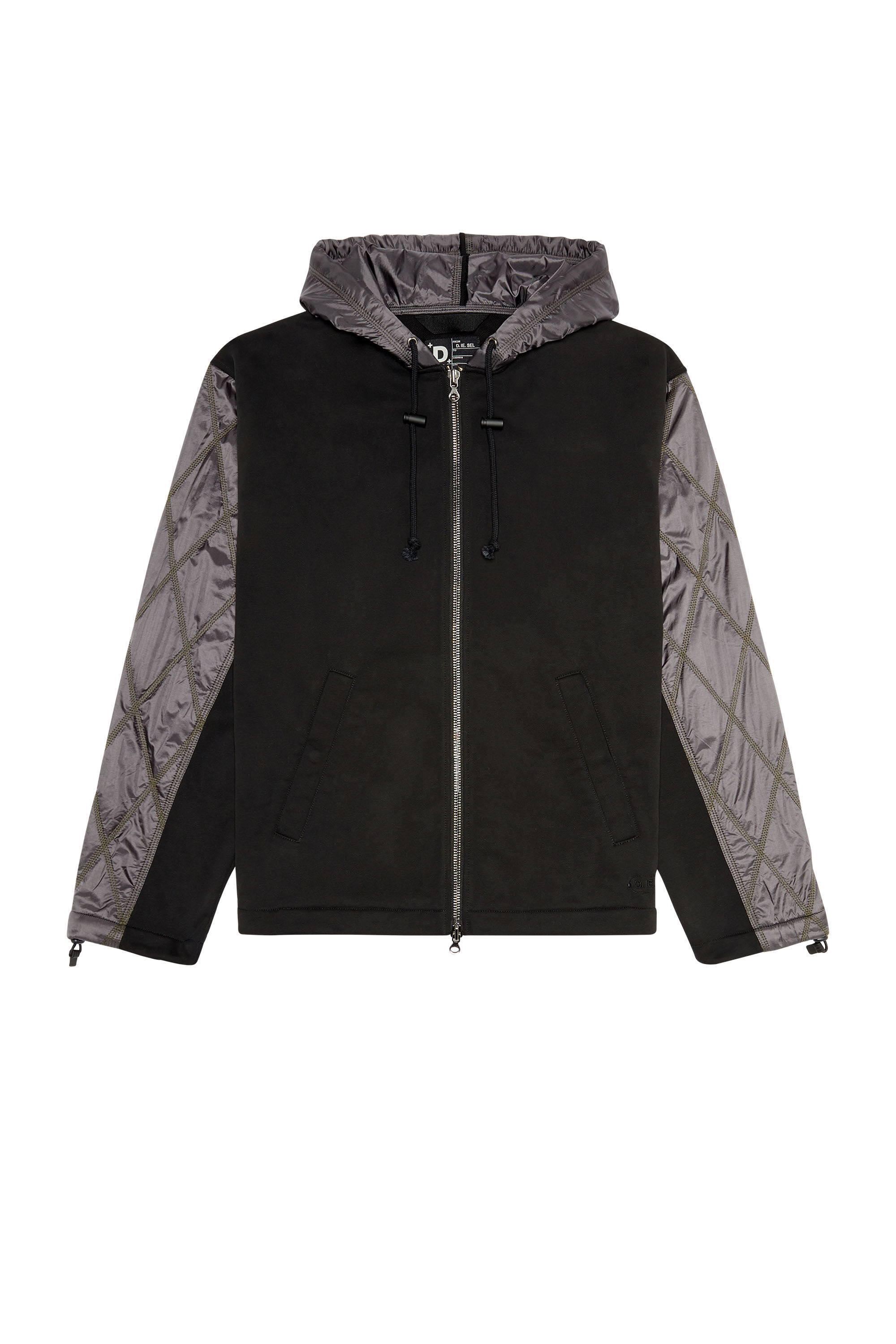 Diesel - J-ROMBE, Man's Hooded jacket in fleece and quilted nylon in Black - 2