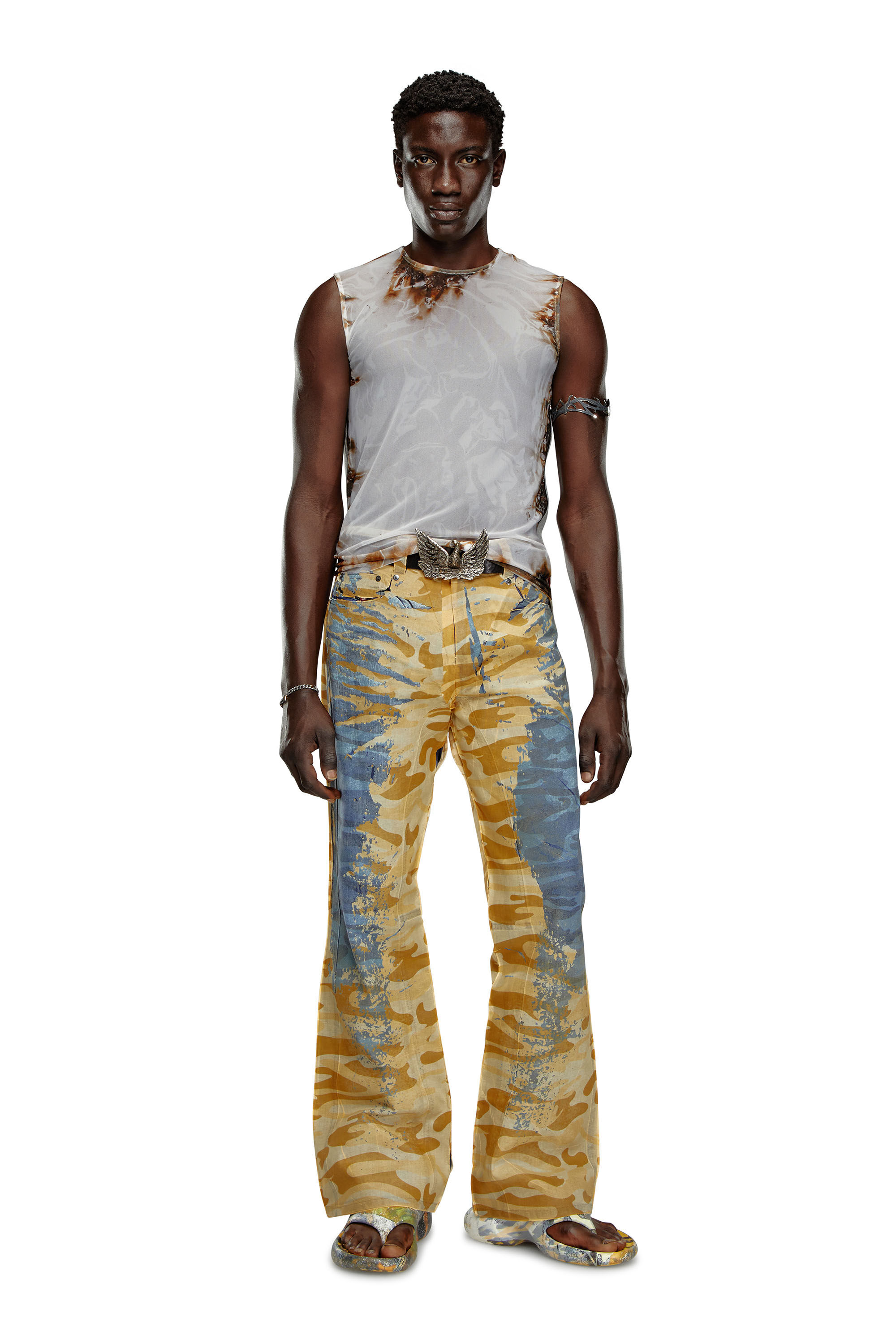 Diesel - T-BISCO-BURN-ART, Man's Tulle top with burning plastic print in Beige/Grey - 1