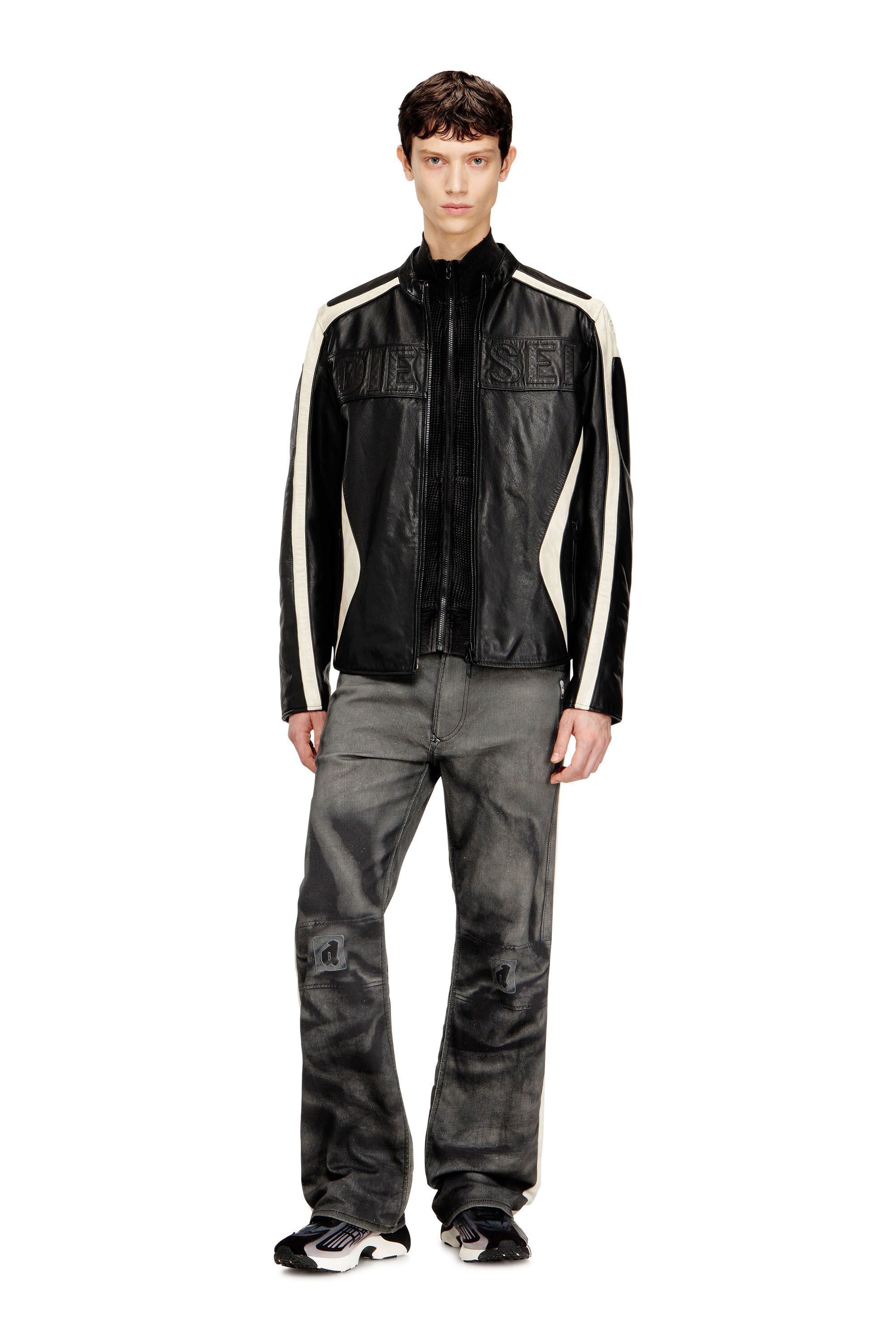 DIESEL レザージャケット ブラック/ホワイト Men's Colour-block leather biker jacket | Multicolor | Diesel