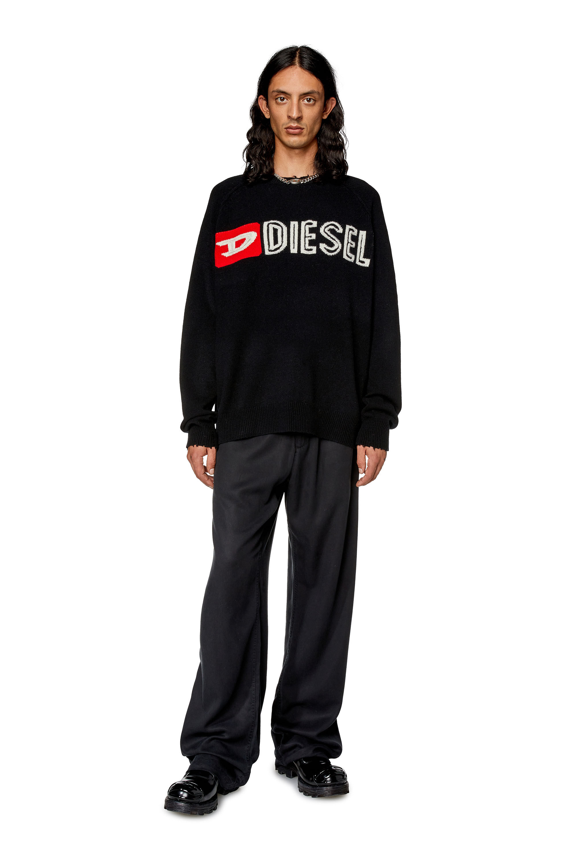 Men's Wool crewneck sweater with cut-up logo | Black | Diesel