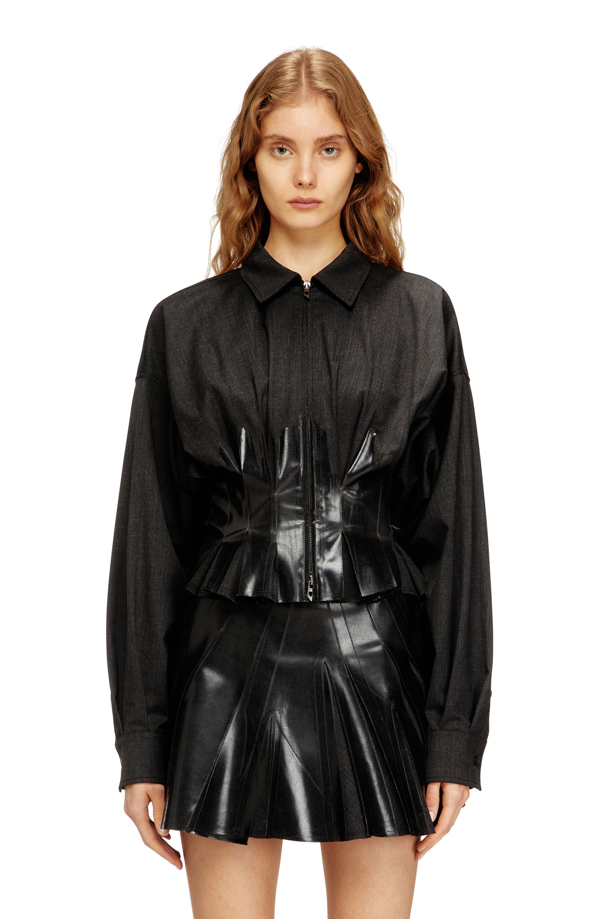 Women's Tailoring shirt-jacket with coated pleats | Black | Diesel Women's Tailoring shirt-jacket with coated pleats | Black | Diesel