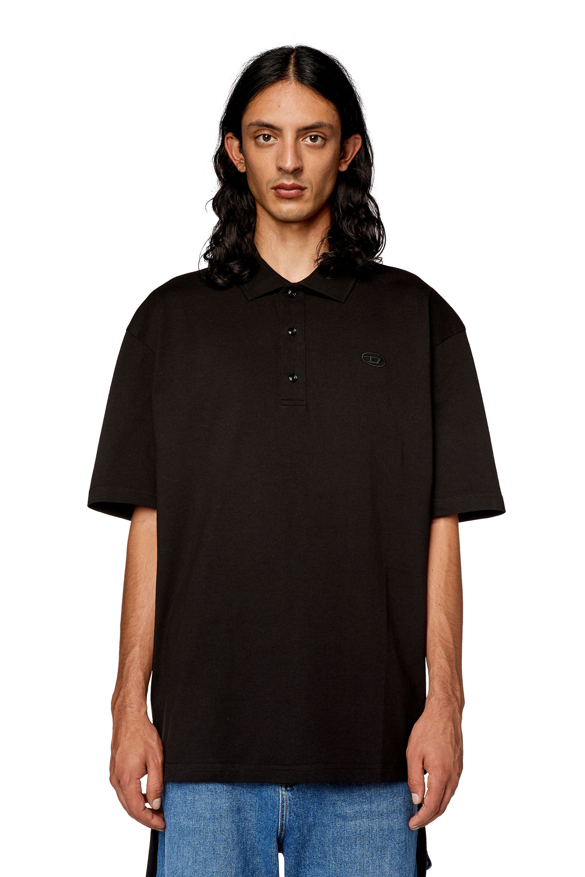 Men s oversized Polo shirt with oval D embroidery Black Diesel