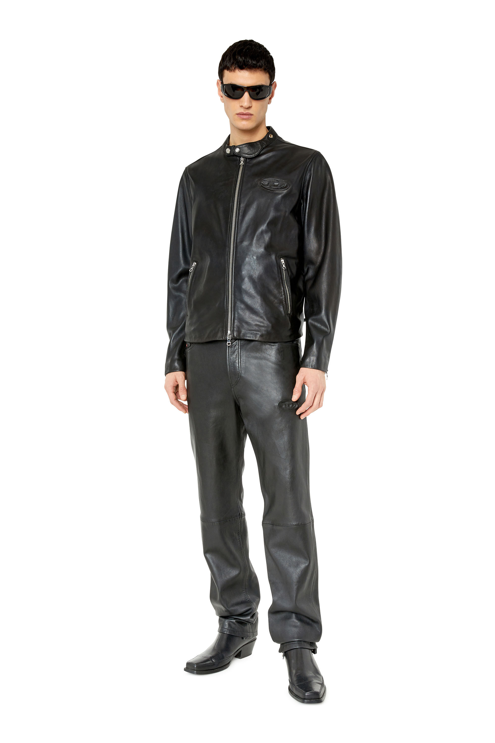 L METAL Man Leather biker jacket with logo plaque Diesel