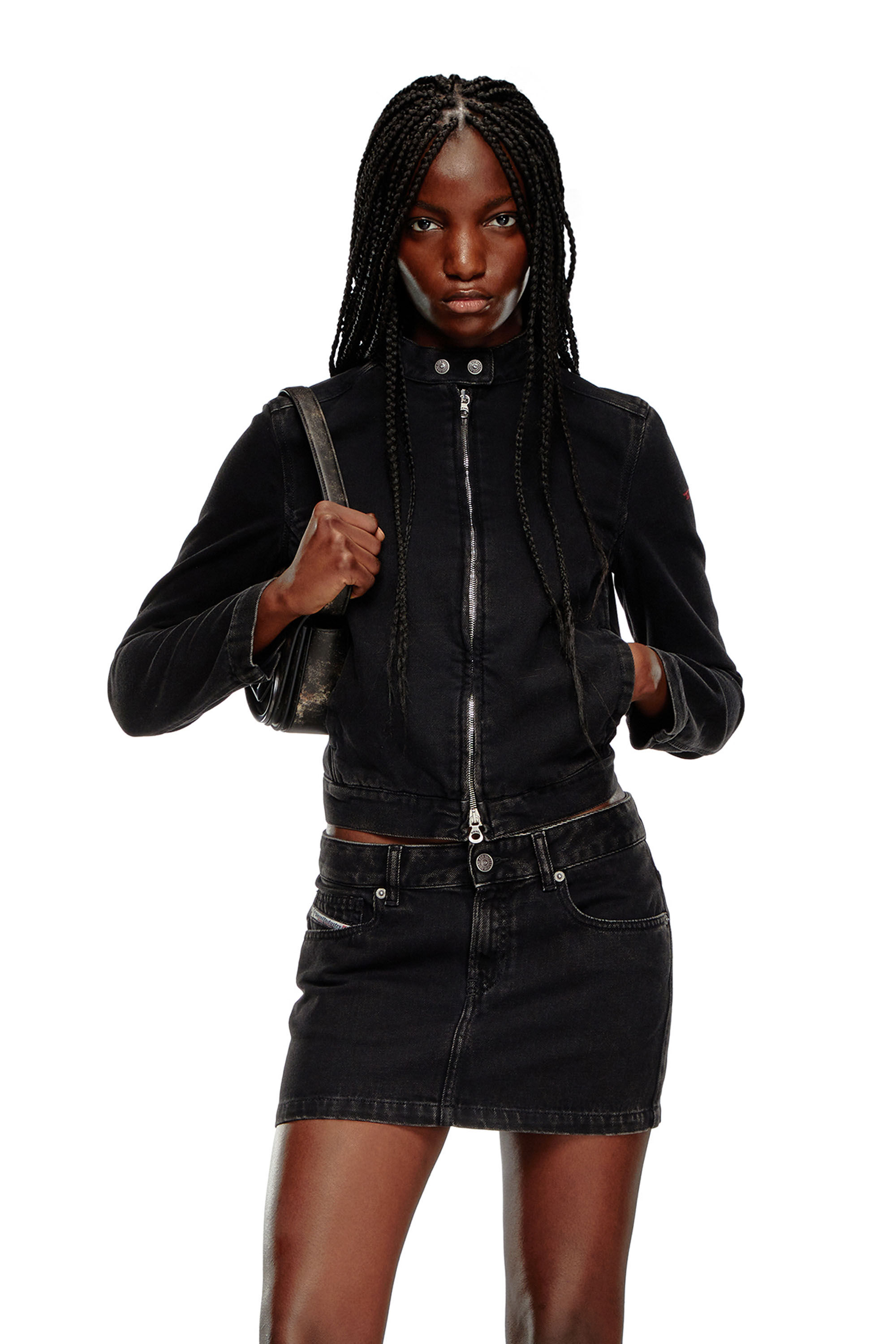 Black denim biker jacket womens hot sale