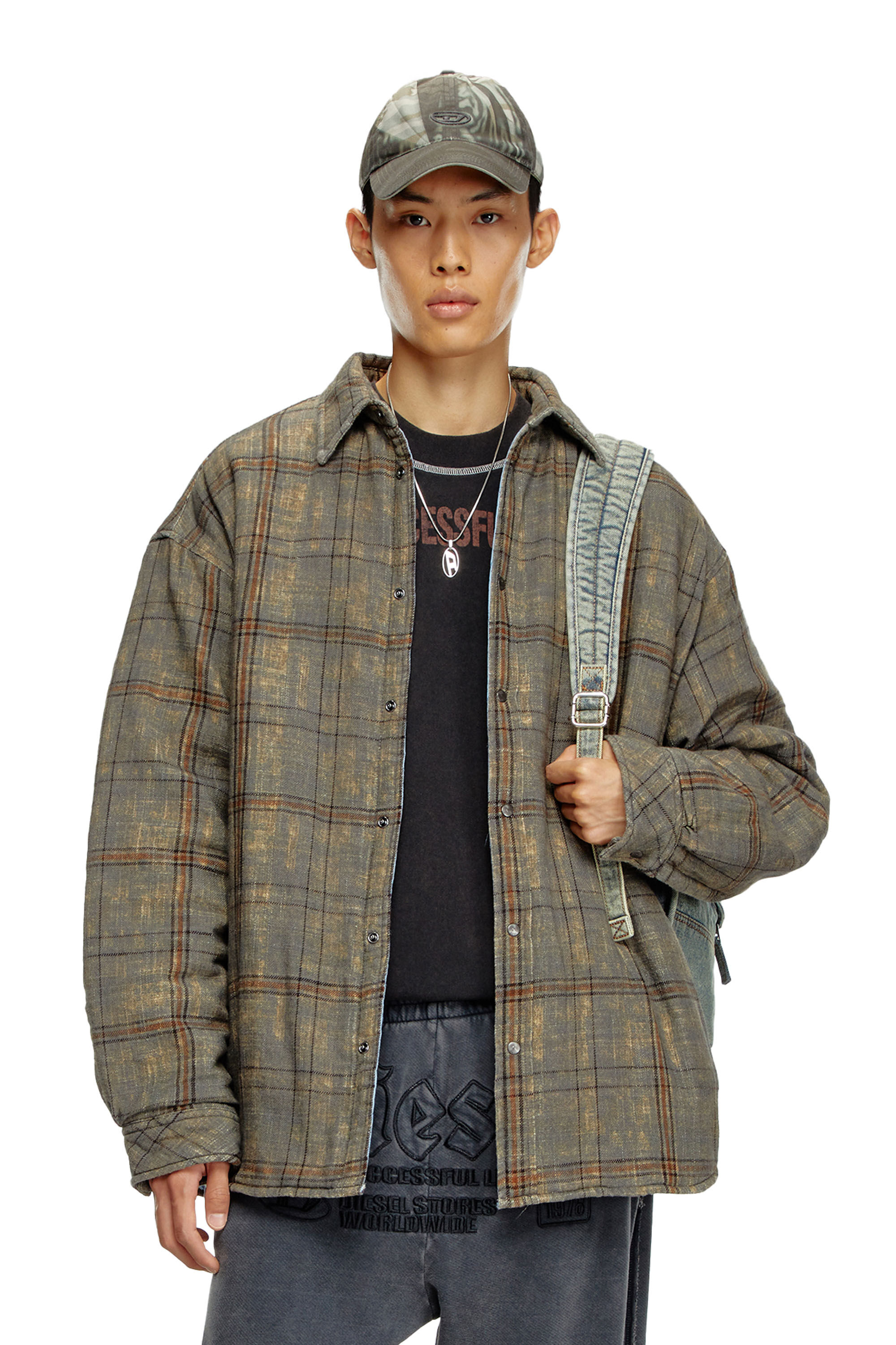 Men s Padded jacket in checked slub cotton Multicolor Diesel