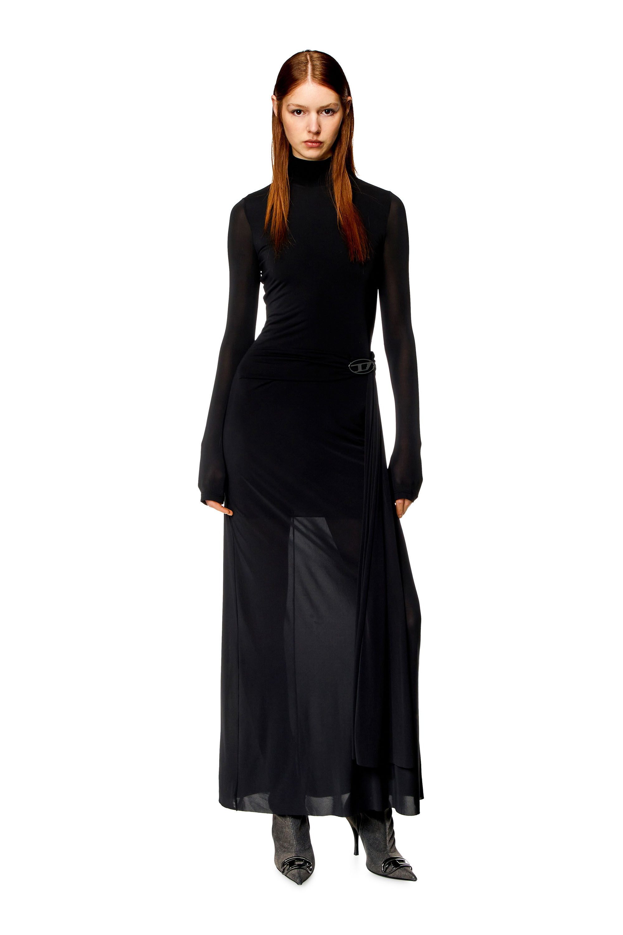 Women s Long turtleneck dress with draped panel Black Diesel