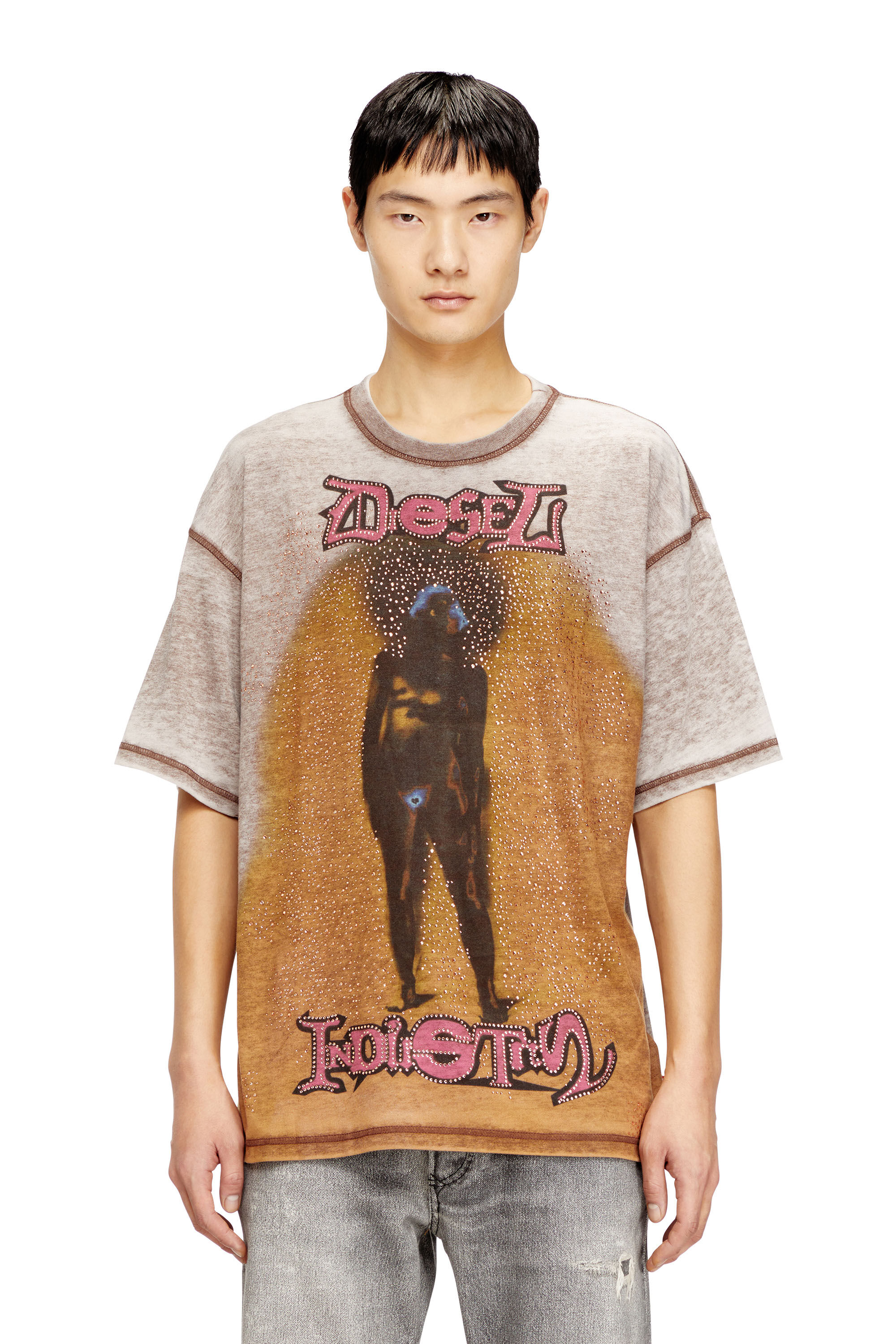 Men's Relaxed T-shirt with print and studs | Brown | Diesel Men's Relaxed T-shirt with print and studs | Brown | Diesel