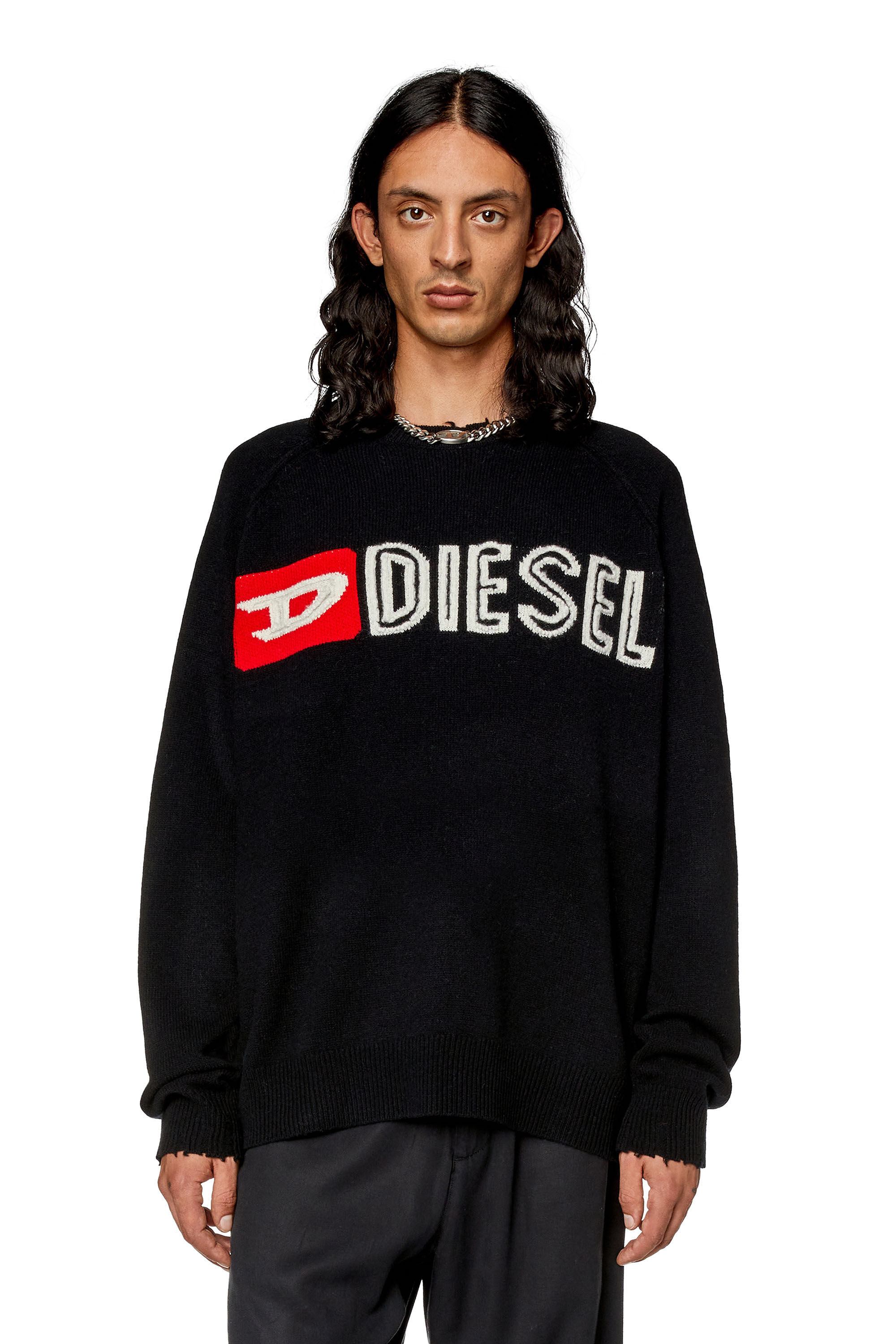 Men's Wool crewneck sweater with cut-up logo | Black | Diesel