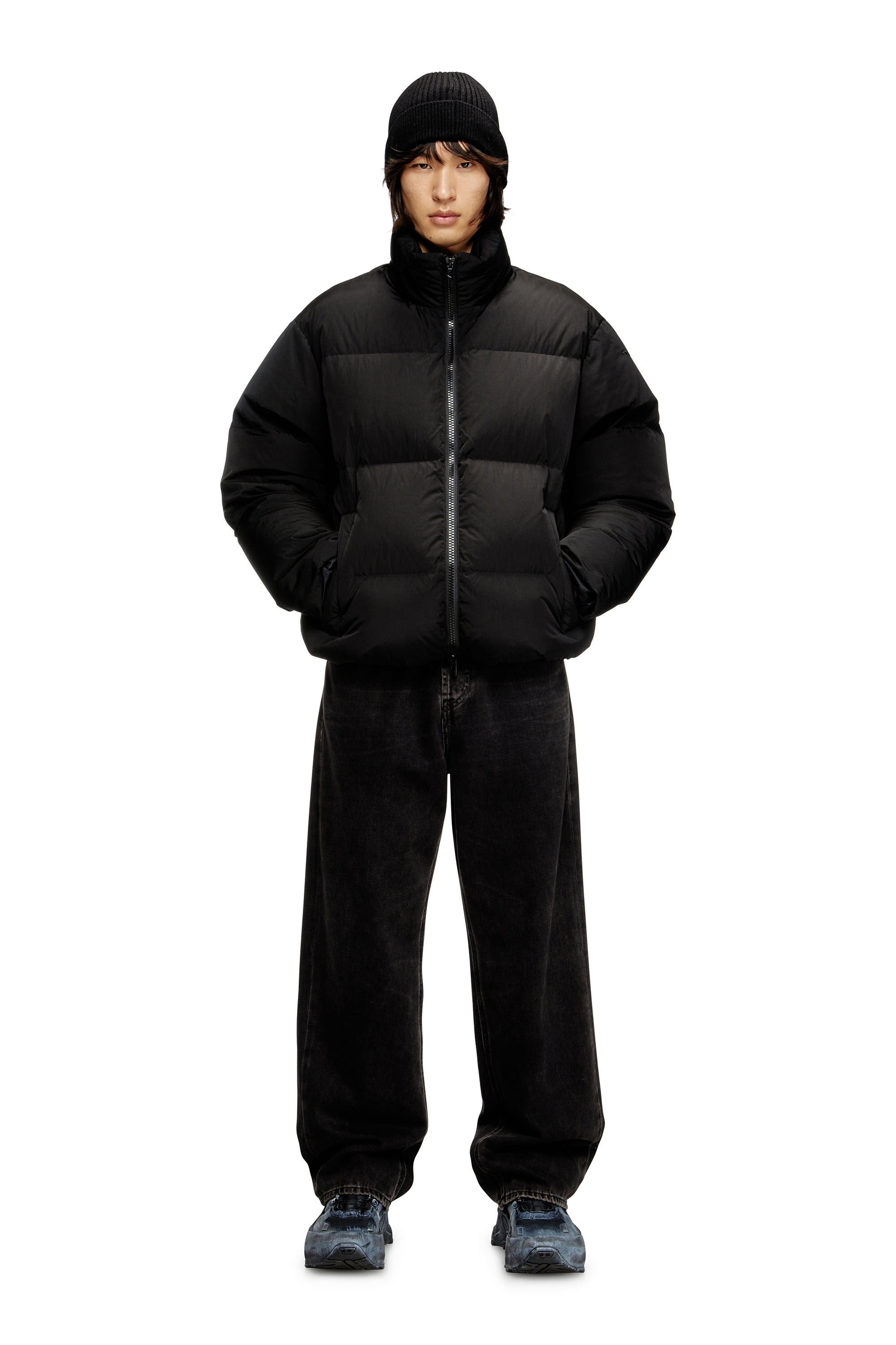 Men's Hooded down jacket in wrinkled nylon | Black | Diesel