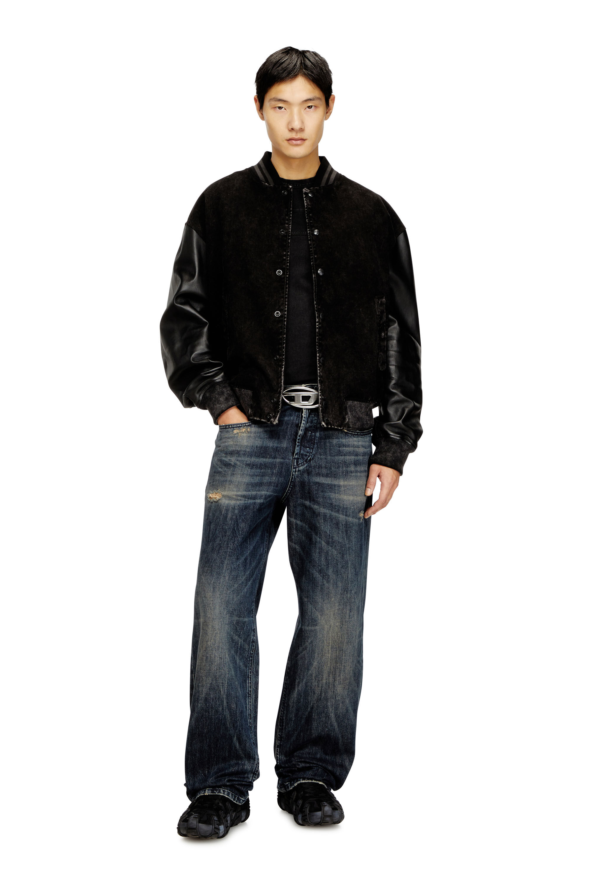 DIESEL 羊革 レザージャケット MA-1 ボンバージャケット ブラック S Men's Denim and leather bomber jacket | Black | Diesel