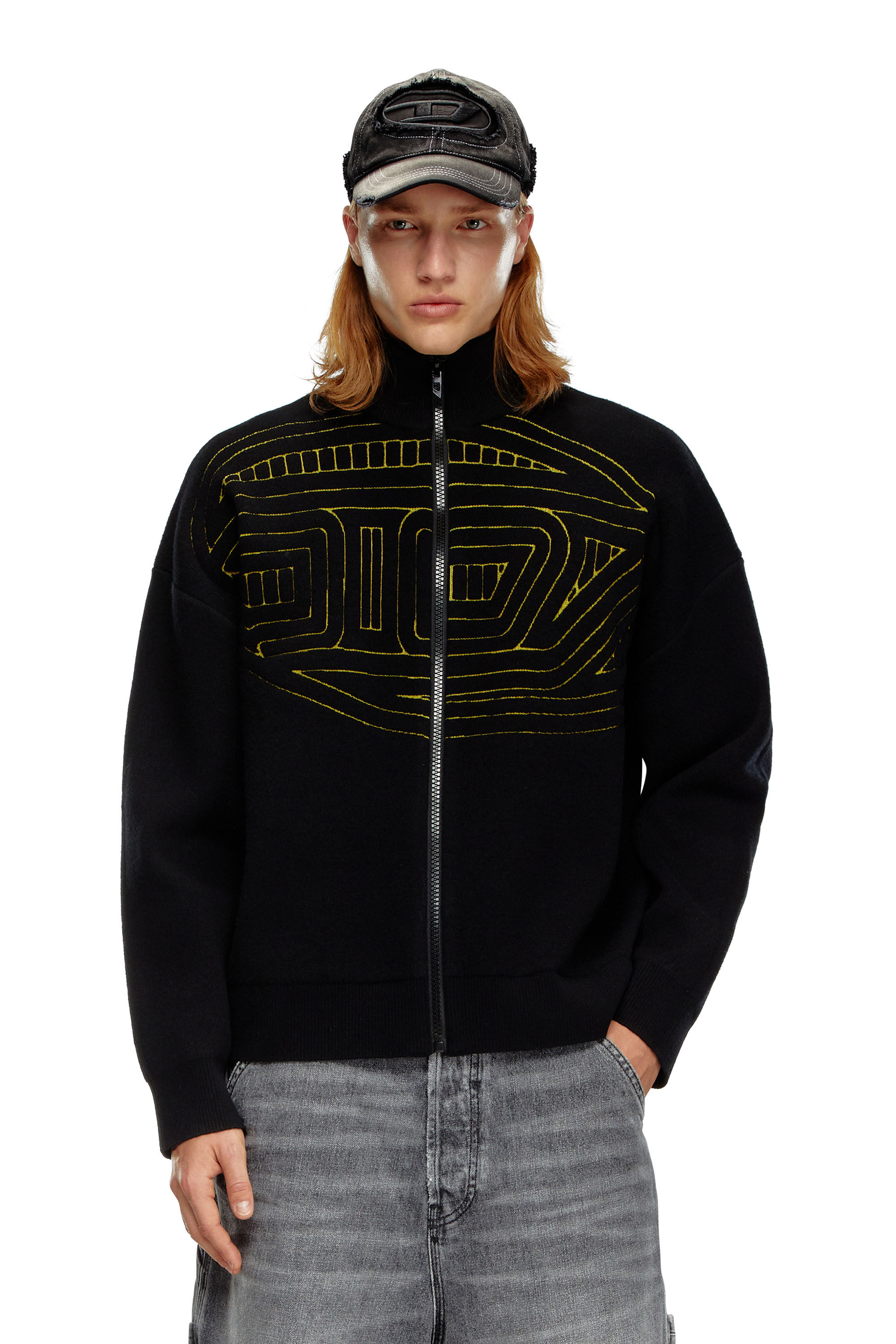 Men's Wool-blend zip sweater with graphic logo | Black | Diesel