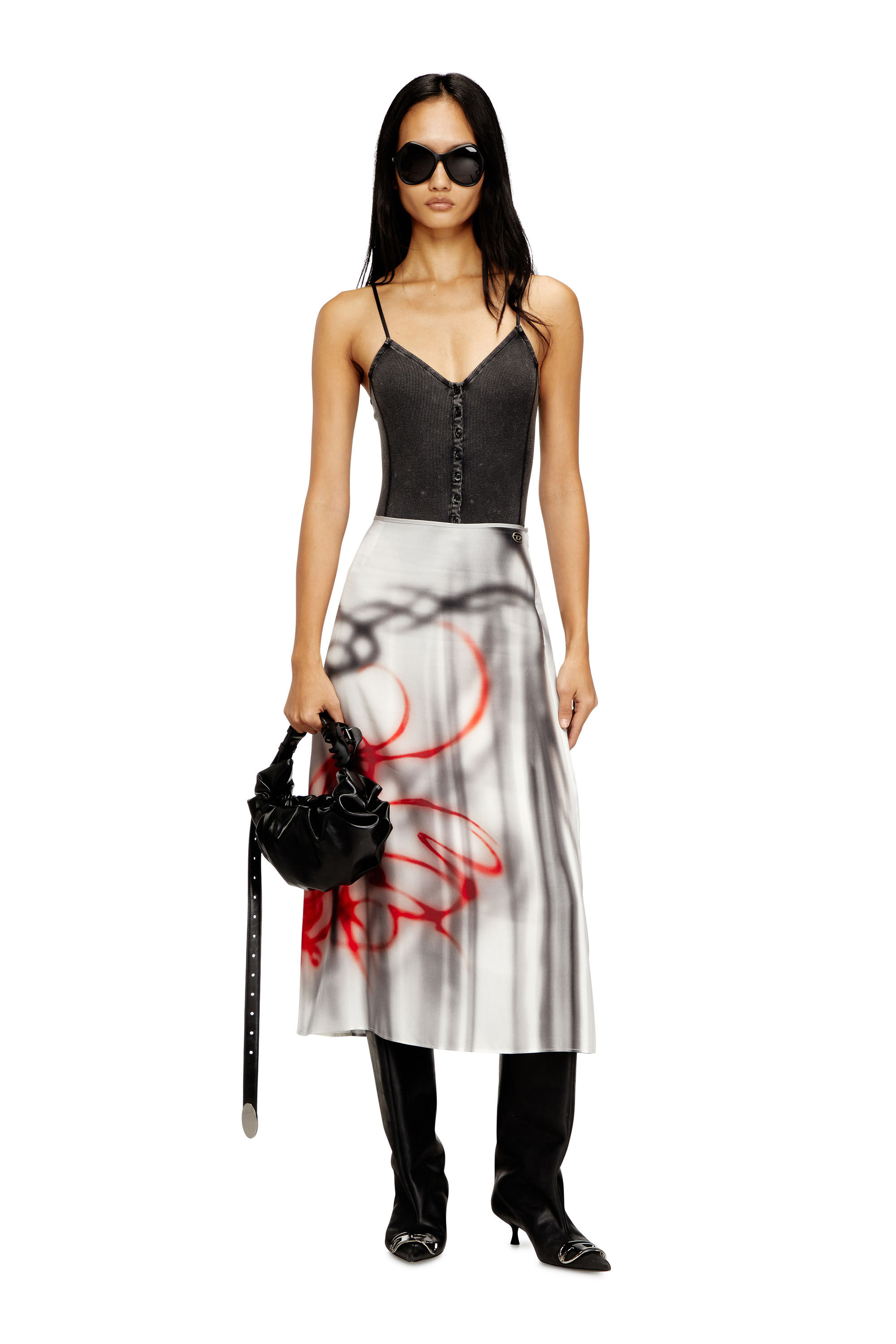 Women's Satin midi skirt with graffiti print | Grey | Diesel