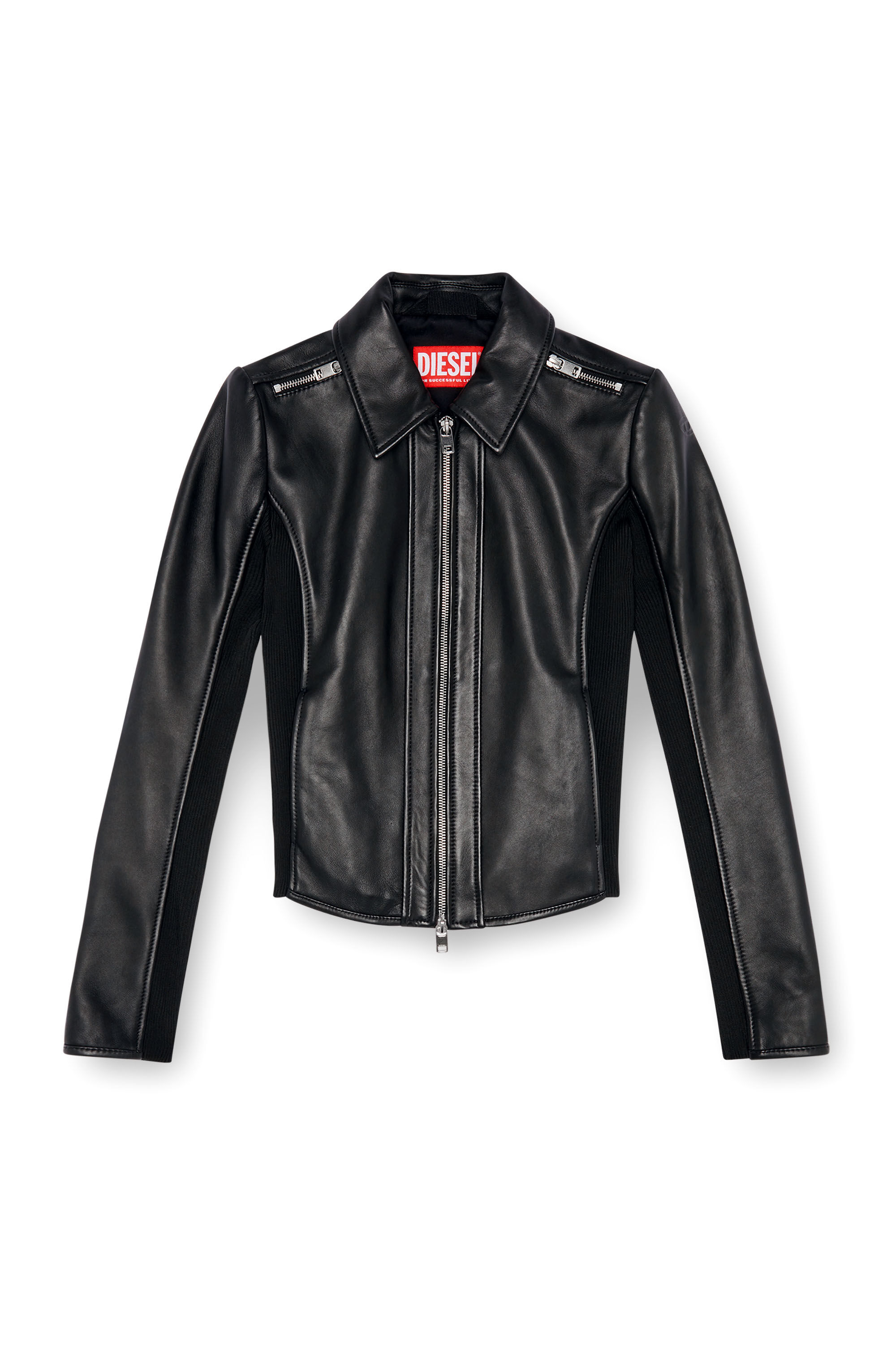 Women's Leather biker jacket with rib panels | Black | Diesel