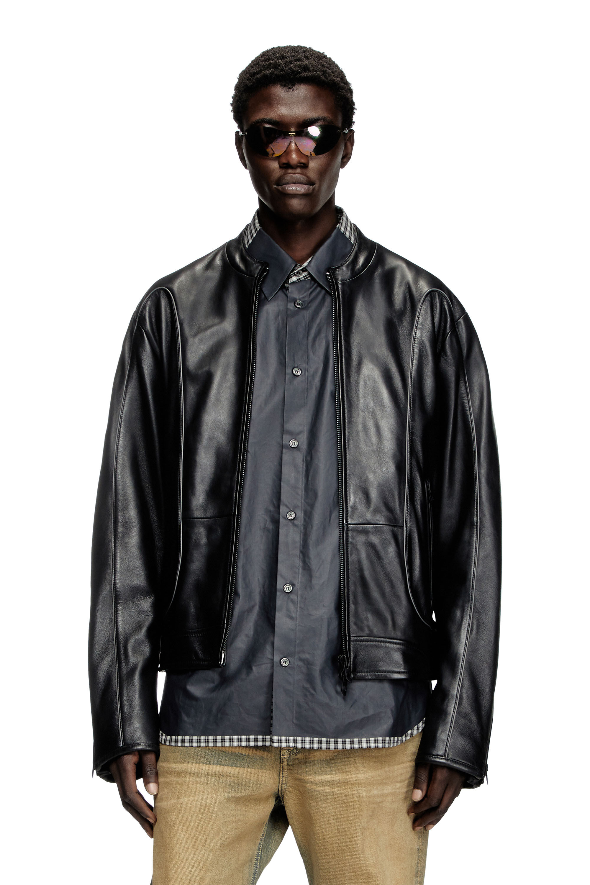 Men's Leather biker jacket with piping detail | Black | Diesel