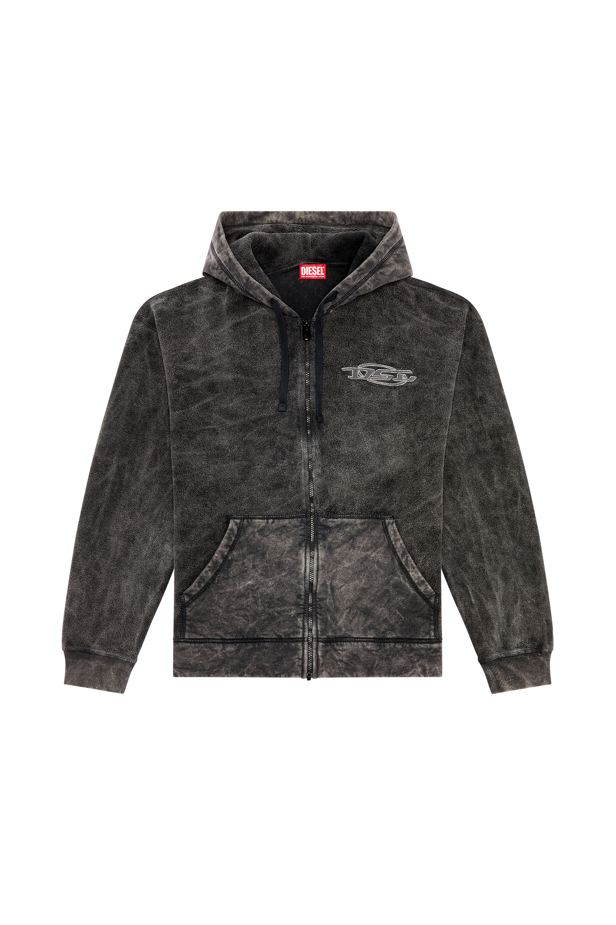 Men's Zip hoodie in marble-washed looped fleece | Black | Diesel
