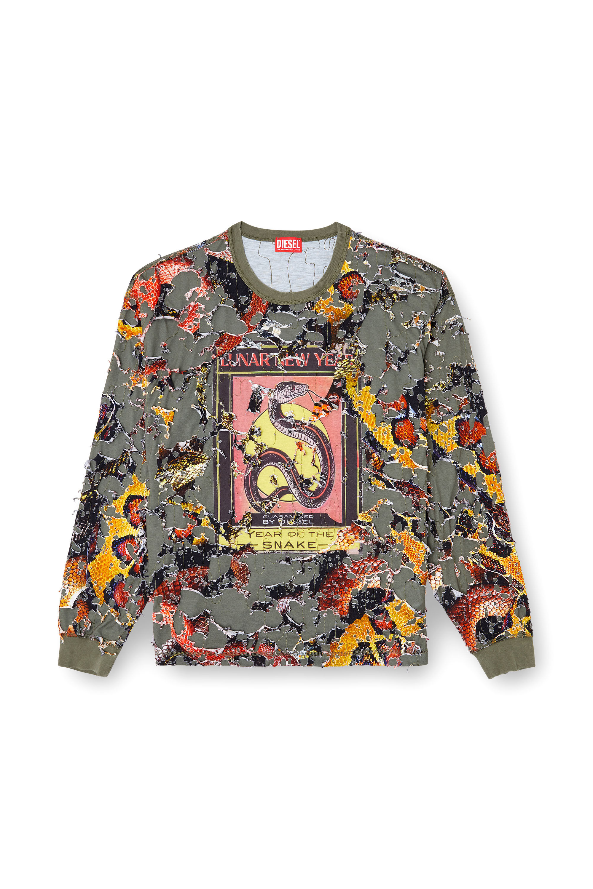 Diesel - CL-T-BOXT-LS-DEVOR-SNAKE, Unisex's Destroyed snake-print long-sleeve T-shirt in Olive Green - 2