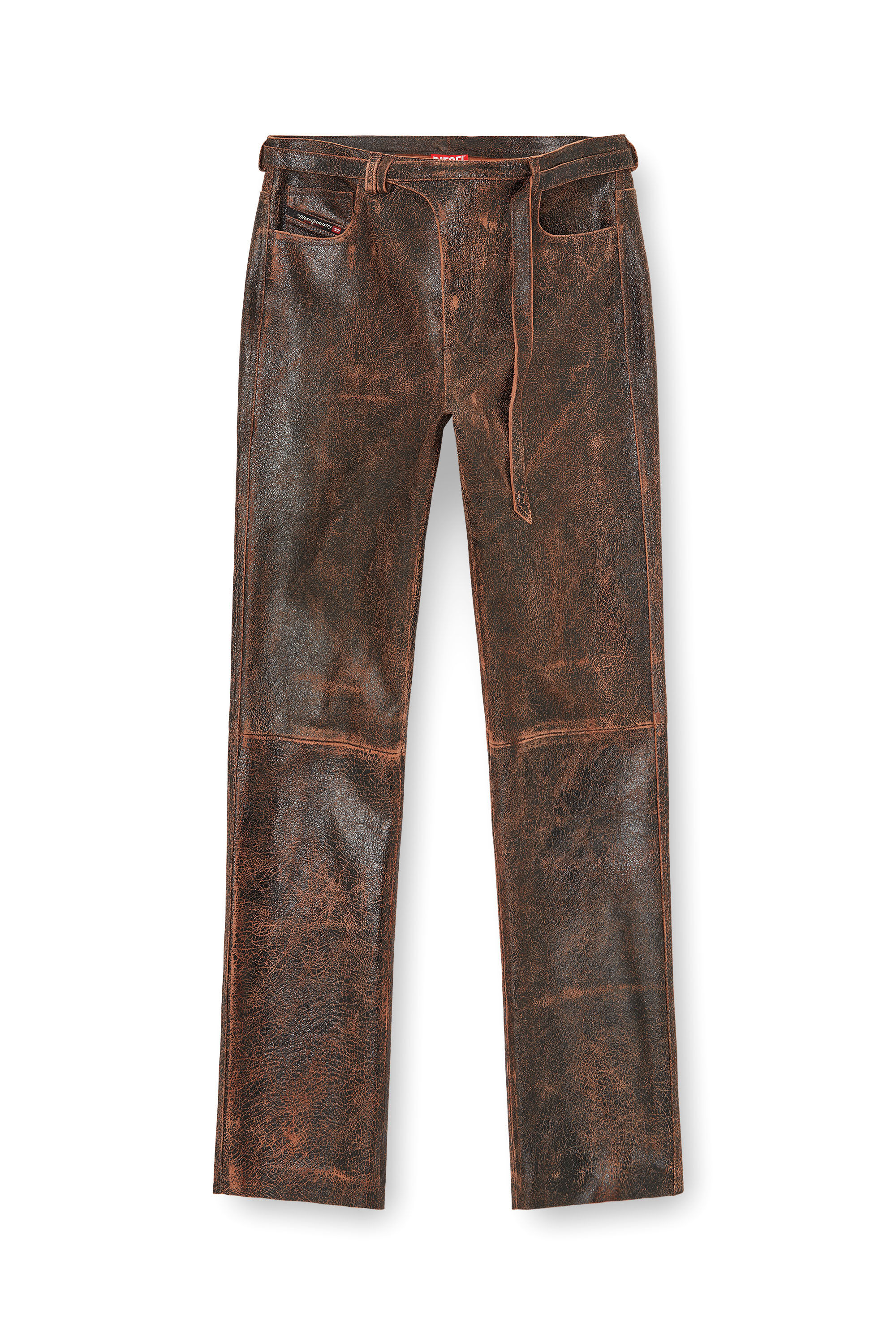 Men's Cracked-leather pants with biker strap detail | Brown | Diesel