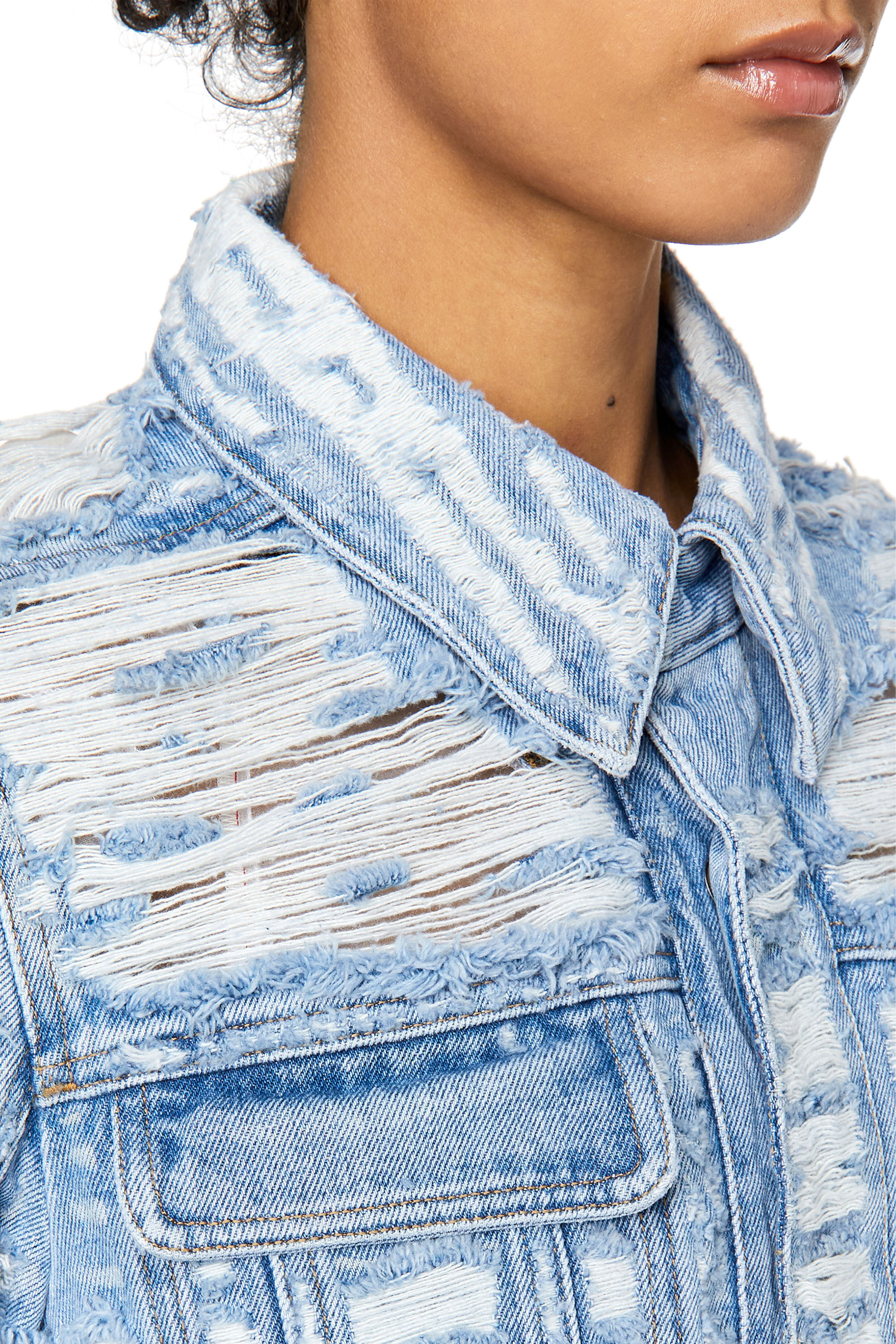 Shredded back denim jacket store