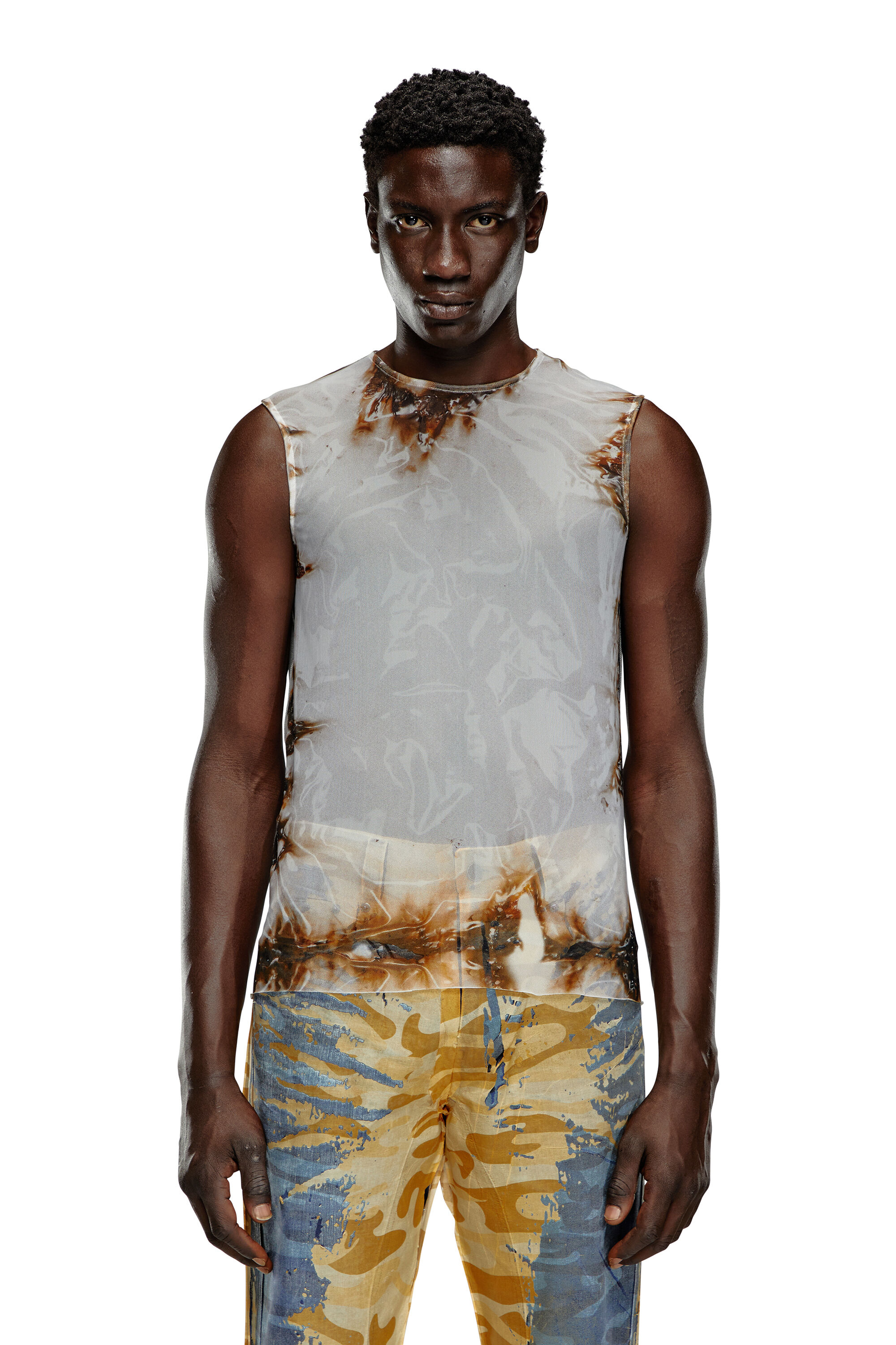 Diesel - T-BISCO-BURN-ART, Man's Tulle top with burning plastic print in Beige/Grey - 6