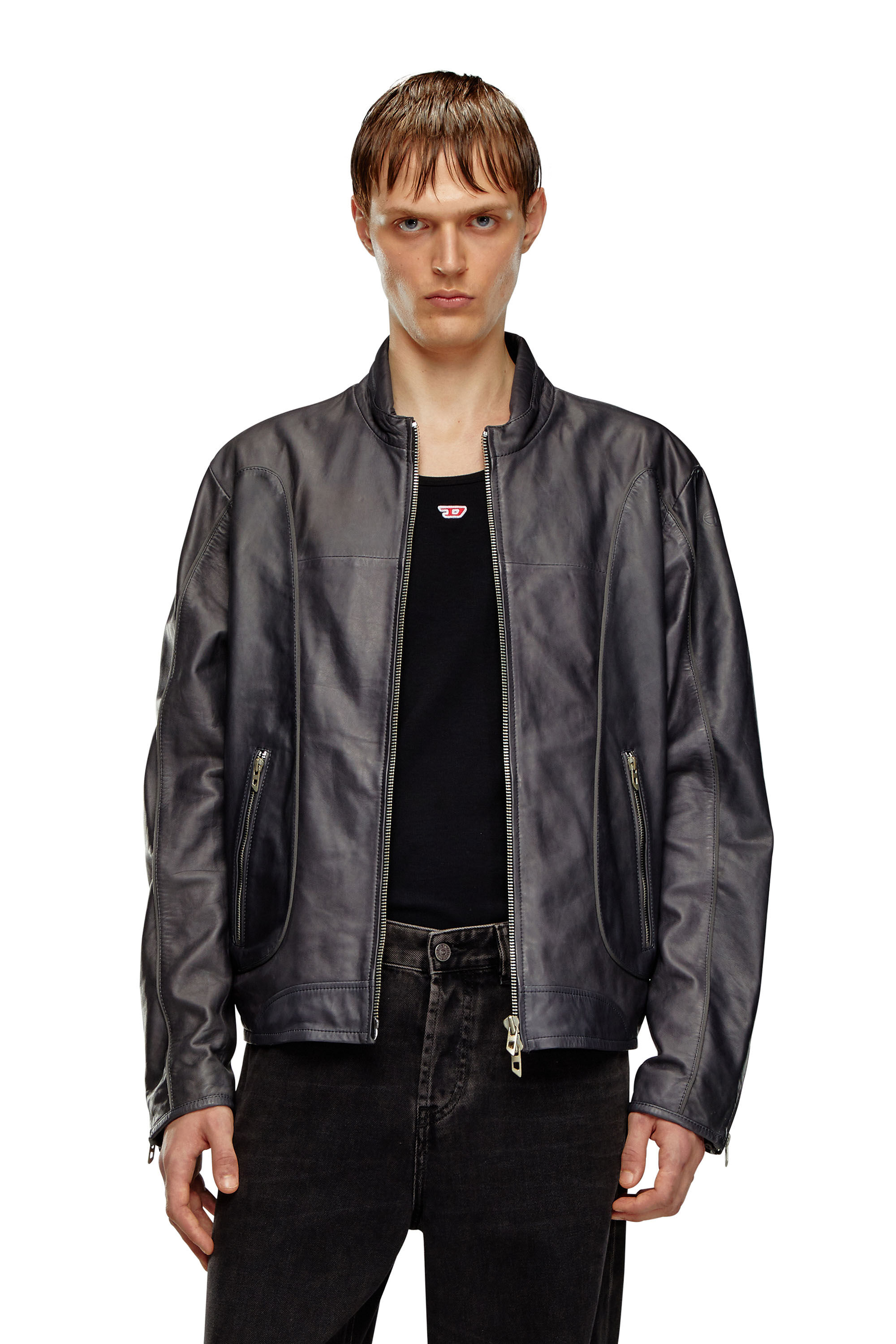 Men s Leather biker jacket with piping Black Diesel