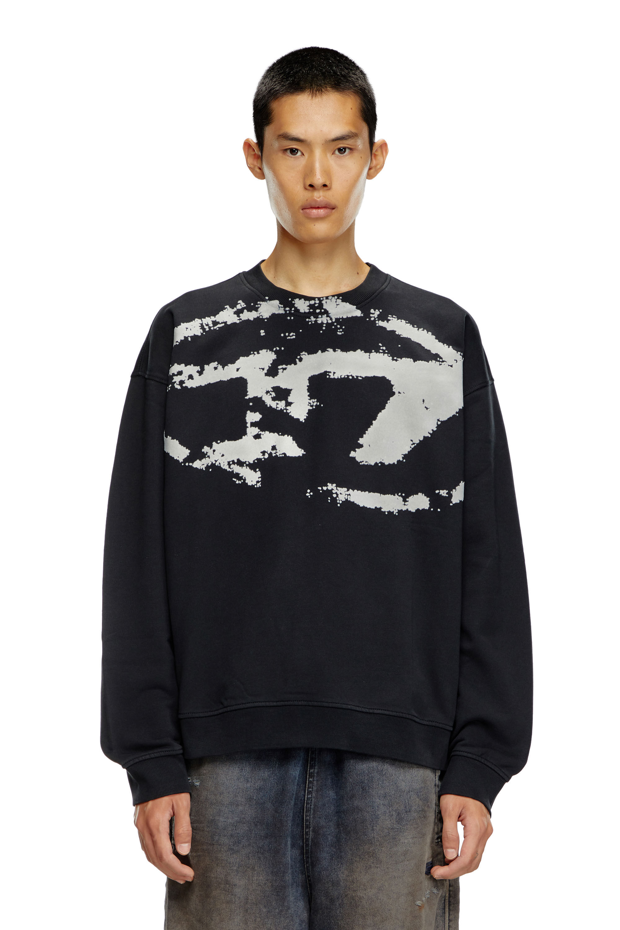 Men s Sweatshirt with distressed flocked logo Black Diesel