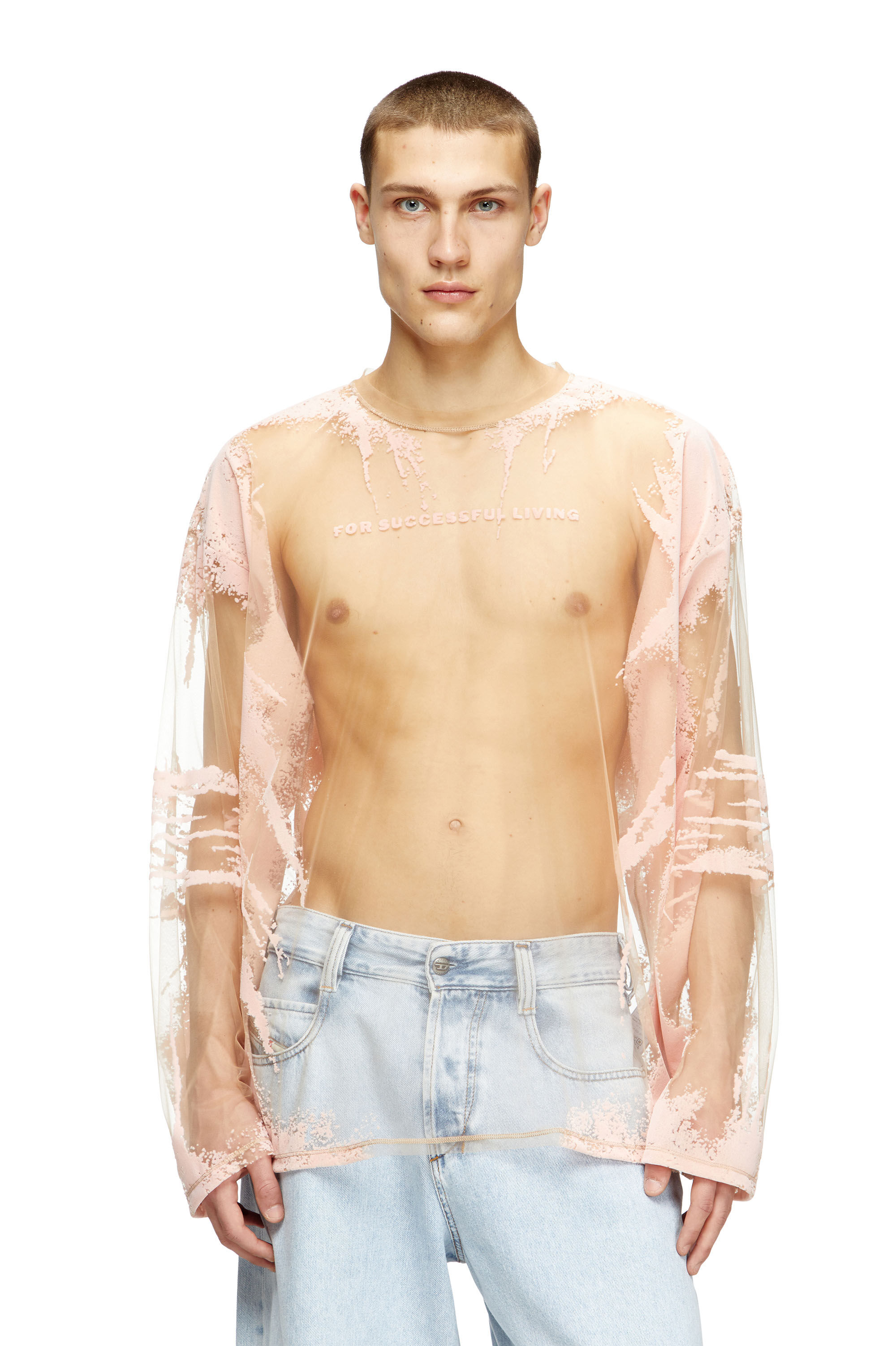 Diesel - T-HASSAN-LS-A, Unisex's Long-sleeve nylon T-shirt with lyrics print in Pink - 3