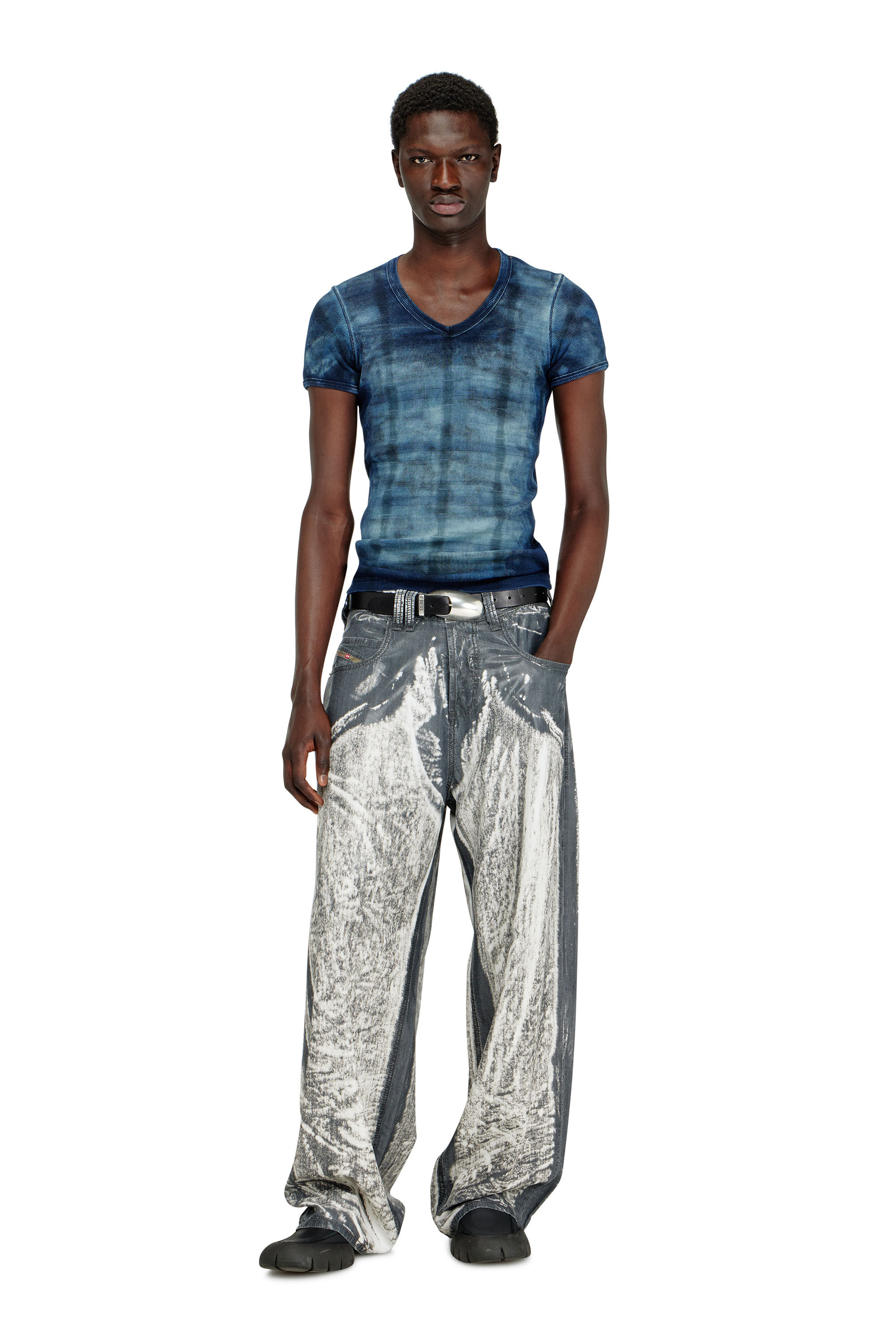 Men's X-ray top in check-print rib-jersey | Blue | Diesel GB