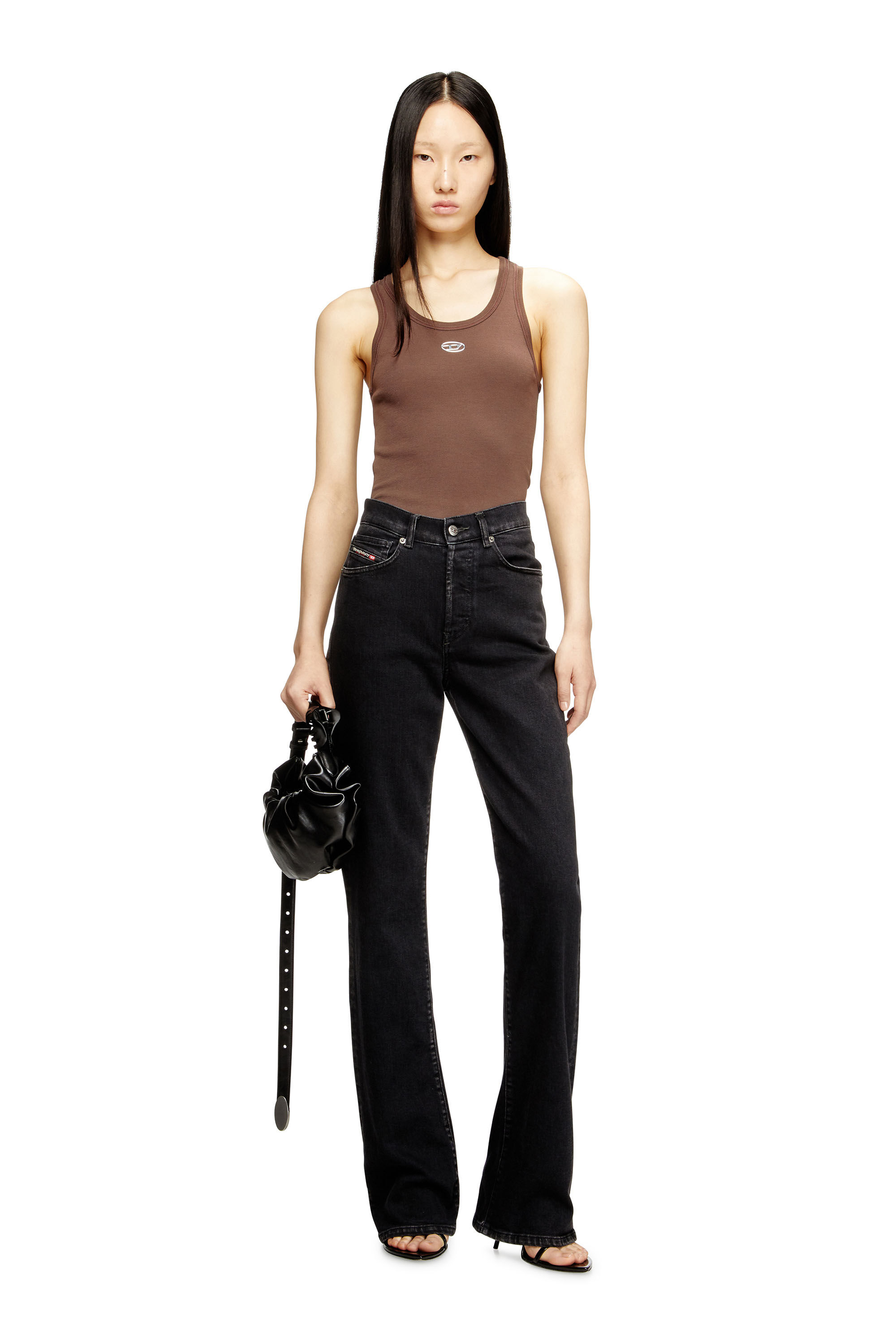 Women's Slim ribbed tank top with metallic Oval D | Brown | Diesel