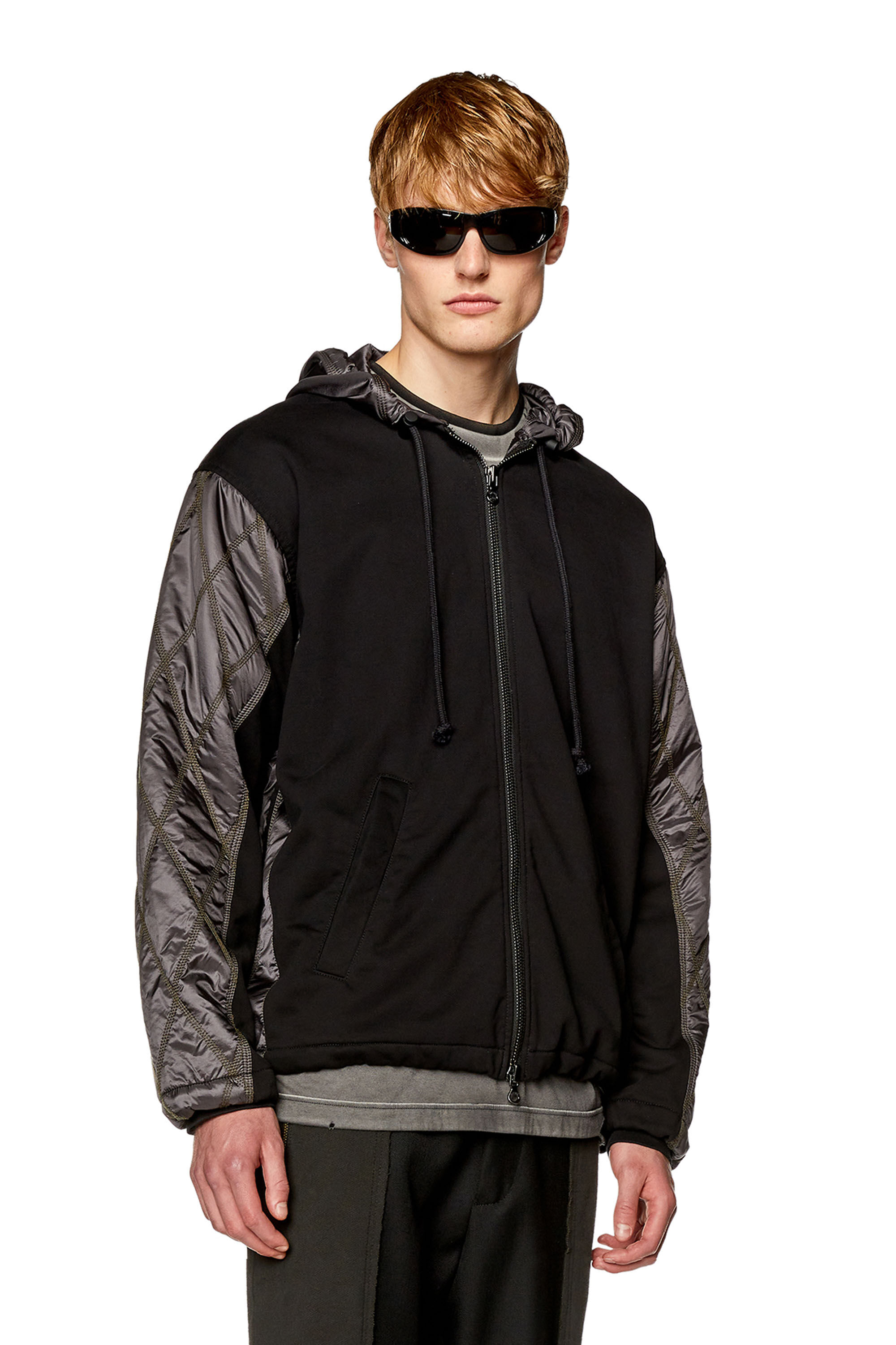 Diesel - J-ROMBE, Man's Hooded jacket in fleece and quilted nylon in Black - 3