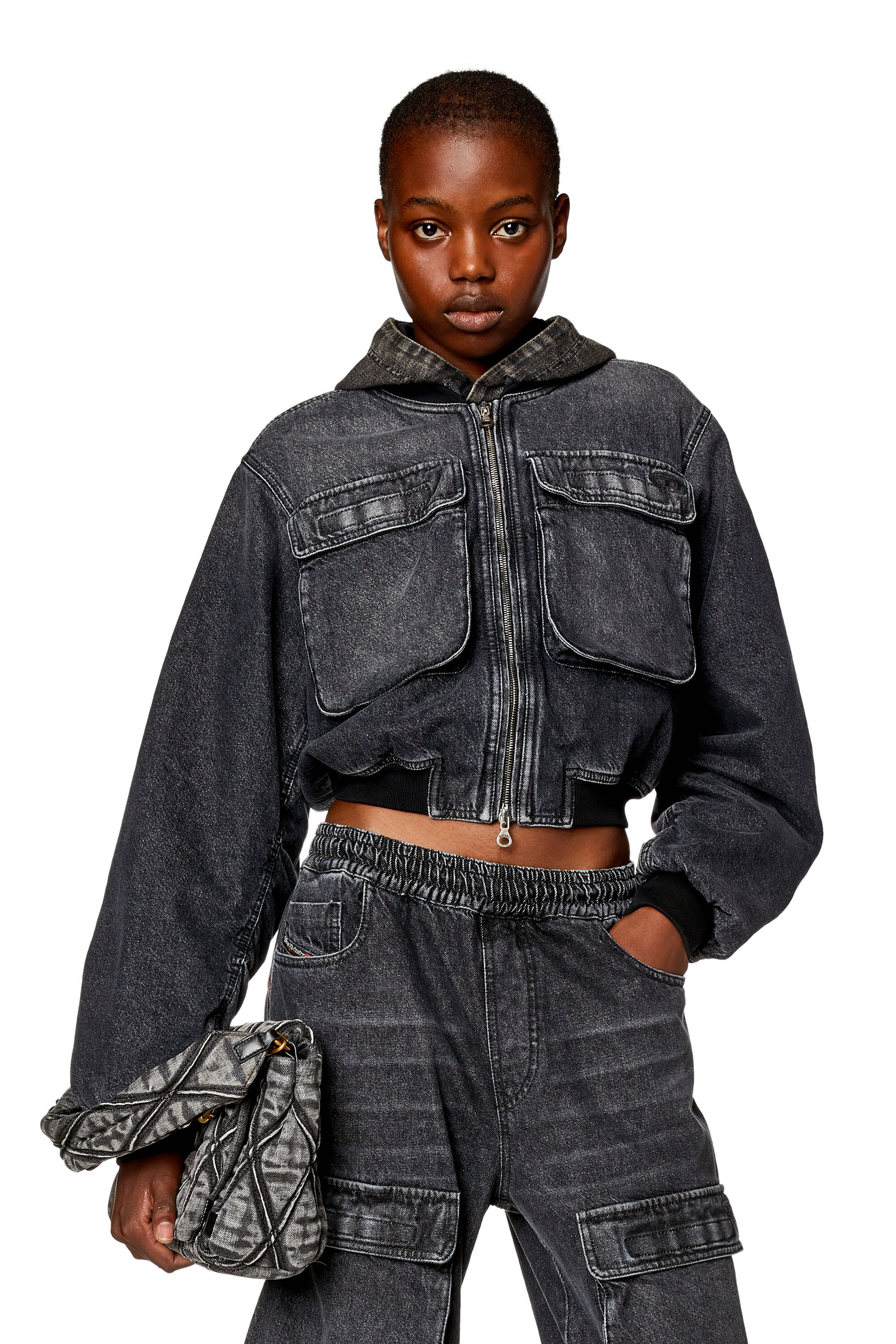 Women s Cropped jacket in fix Denim Black Diesel Denim Set
