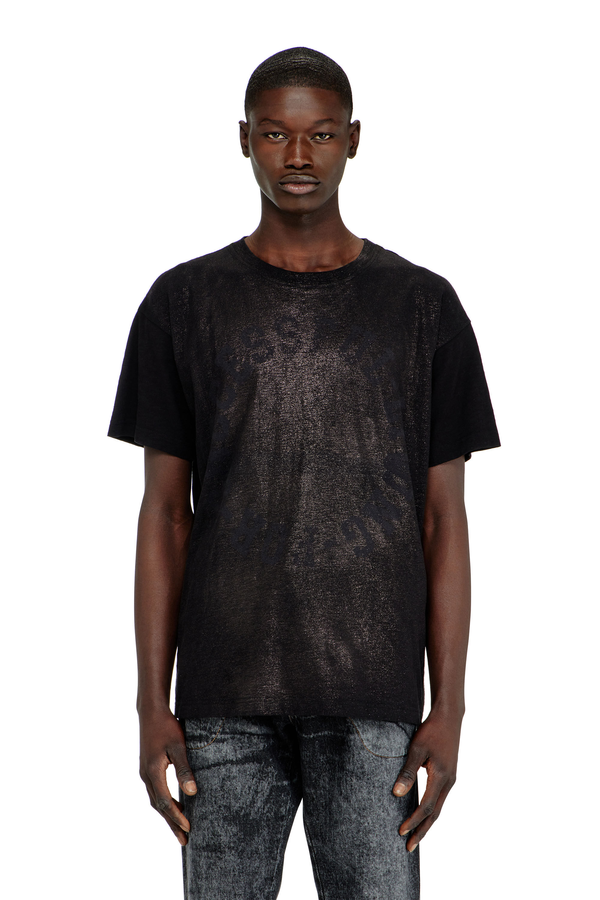 Men's Cotton crew-neck T-shirt with foil print | Black | Diesel