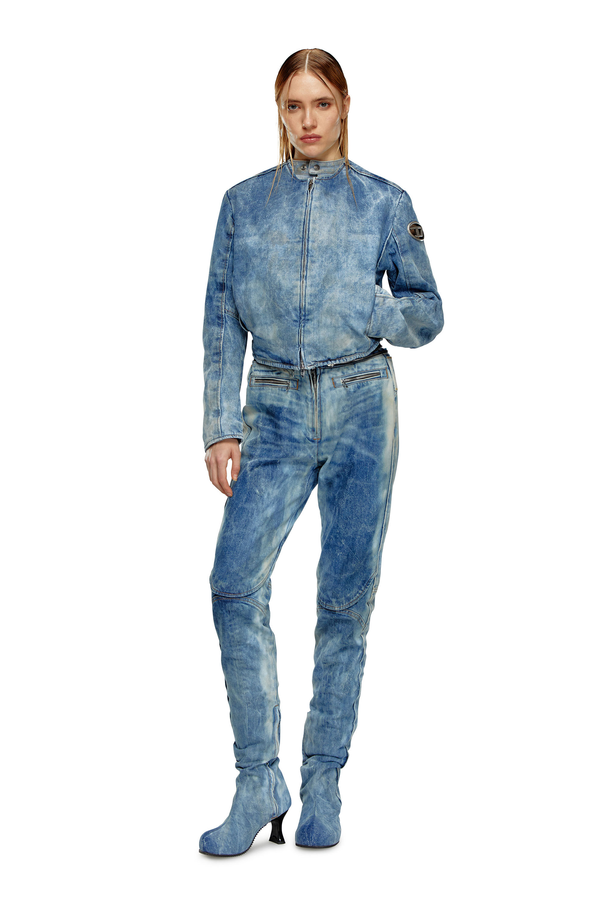 Diesel - DE-CALUR-FSE, Woman's Denim jacket with biker zip details in Medium blue - 1