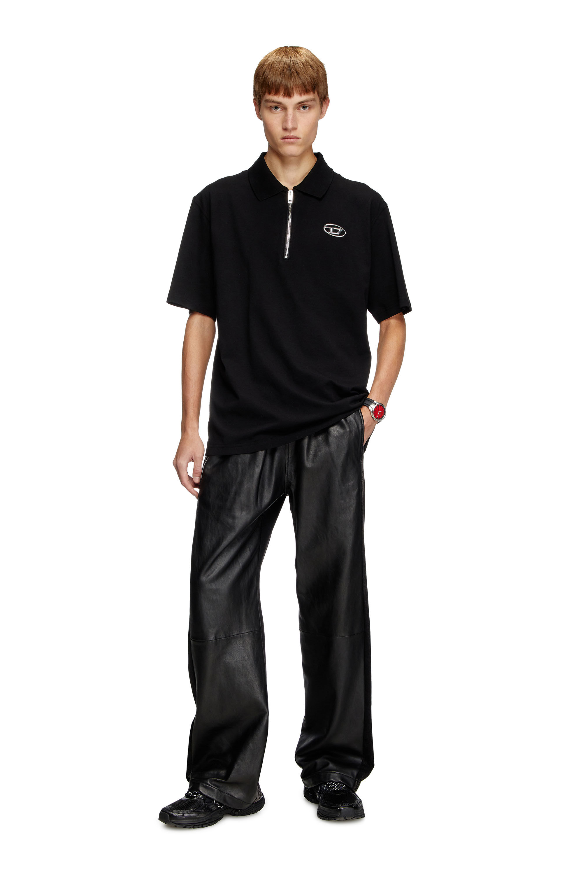 Diesel - T-VOR-OD, Man's Zip front polo shirt with laser cut Oval D in Black - 1