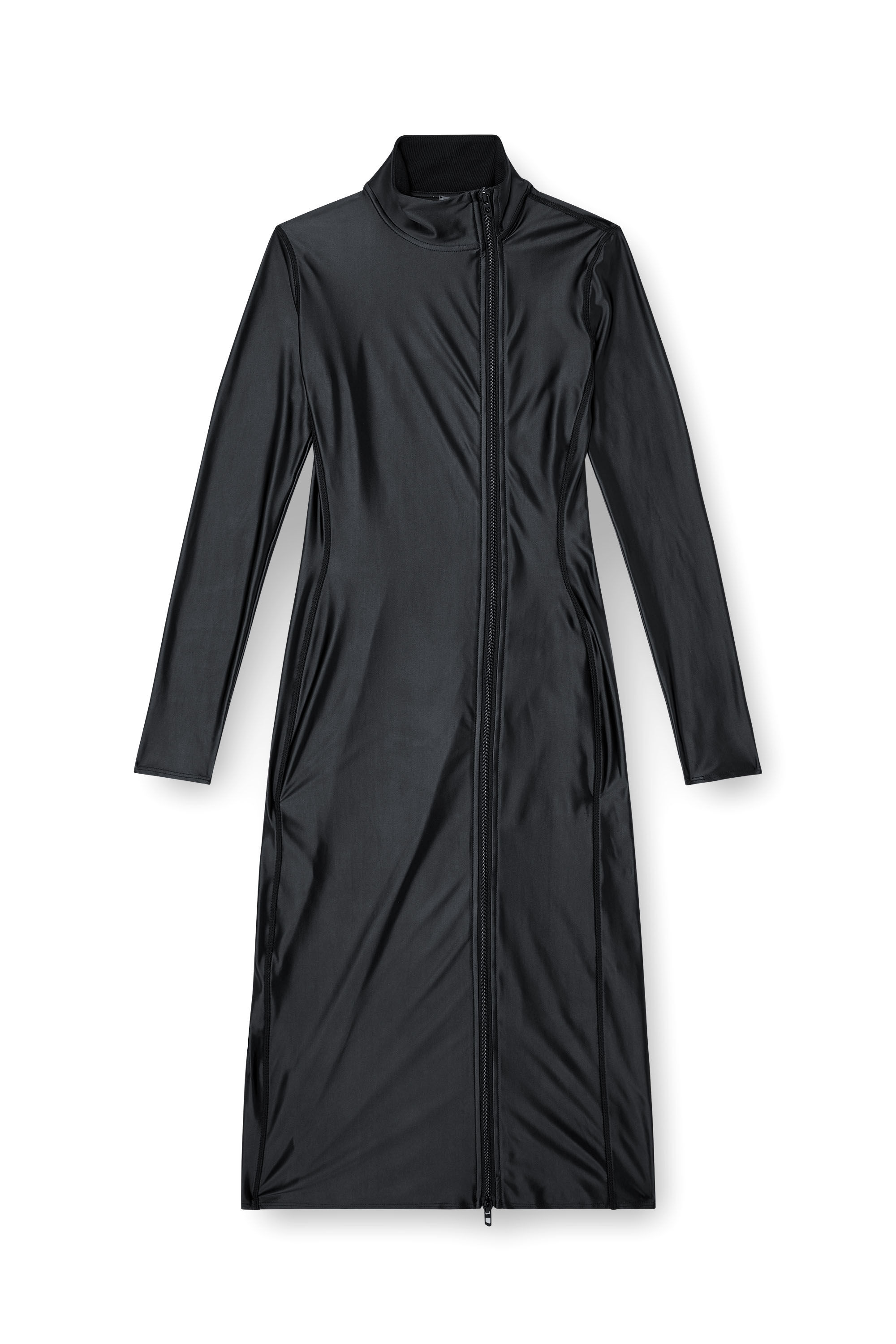 Diesel - D-SILVER, Woman's Mock collar long-sleeve midi dress with chintz finish in Black - 2