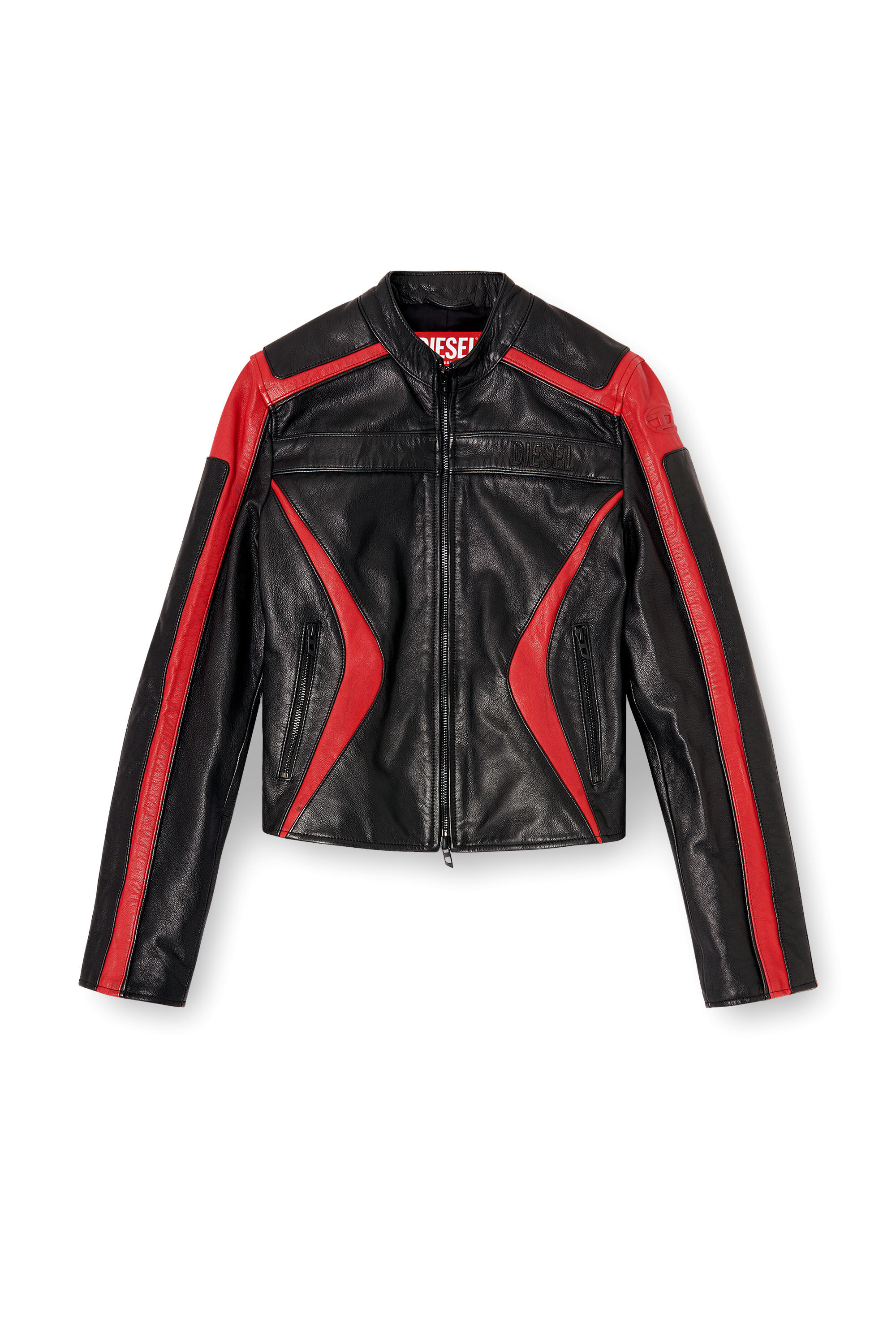 DIESEL バッファローレザー ジャケット ブラック/レッド Women's Biker jacket in colour-block leather | Multicolor | Diesel
