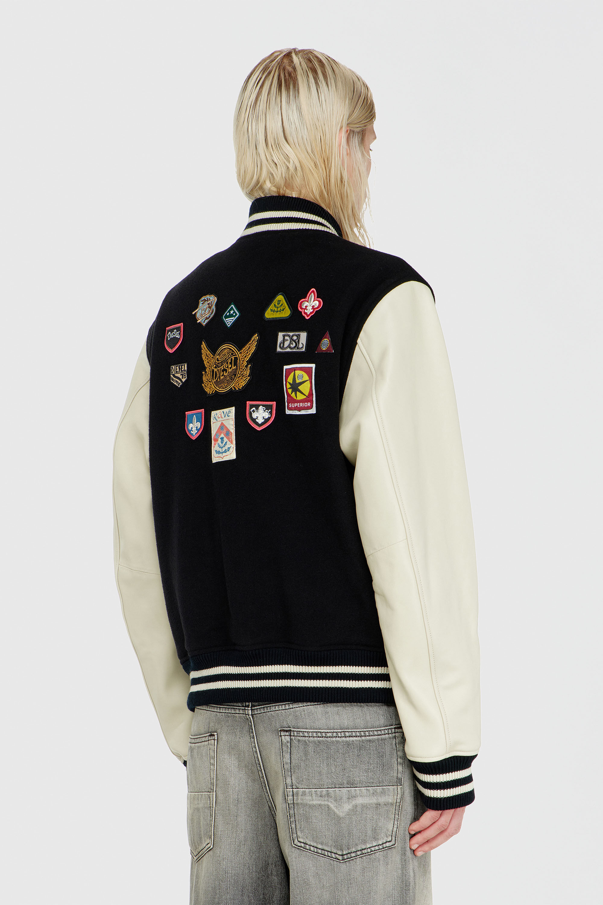 Diesel - L-ARRY-PATCH, Man's Wool and leather bomber jacket with patches in White/Black - 4