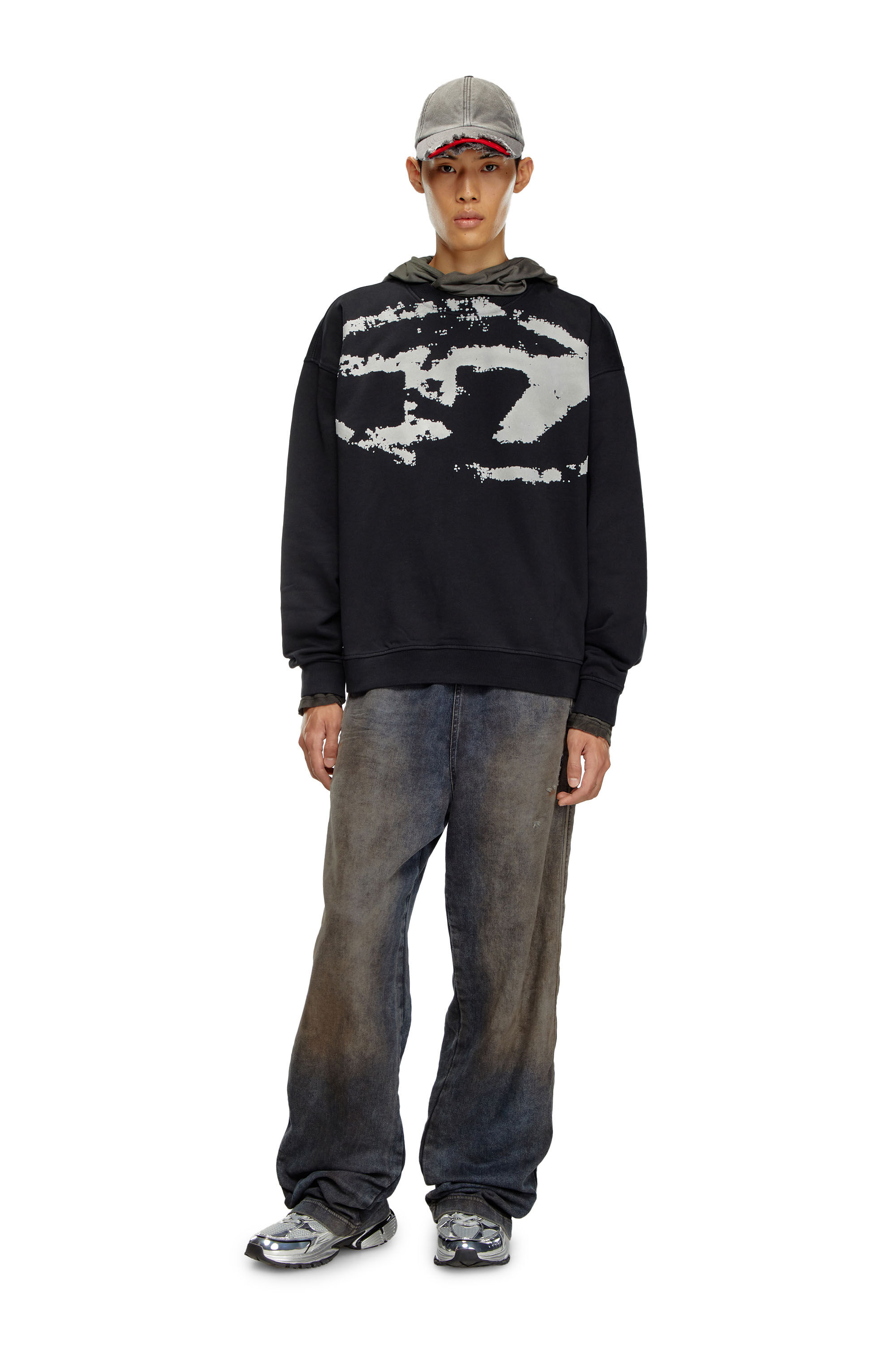 Men s Sweatshirt with distressed flocked logo Black Diesel
