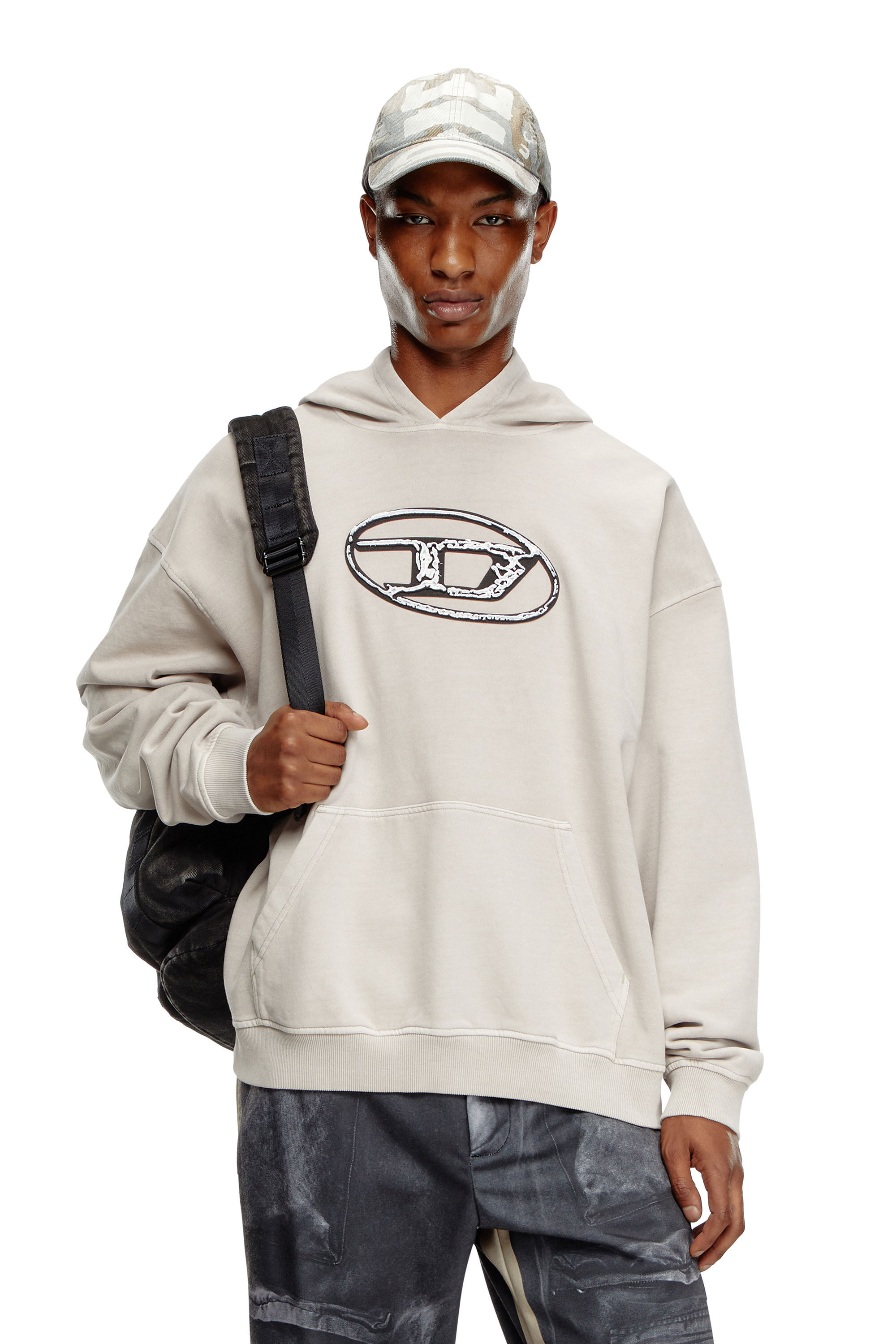 Men s Hoodie with multi layered logo print Grey Diesel