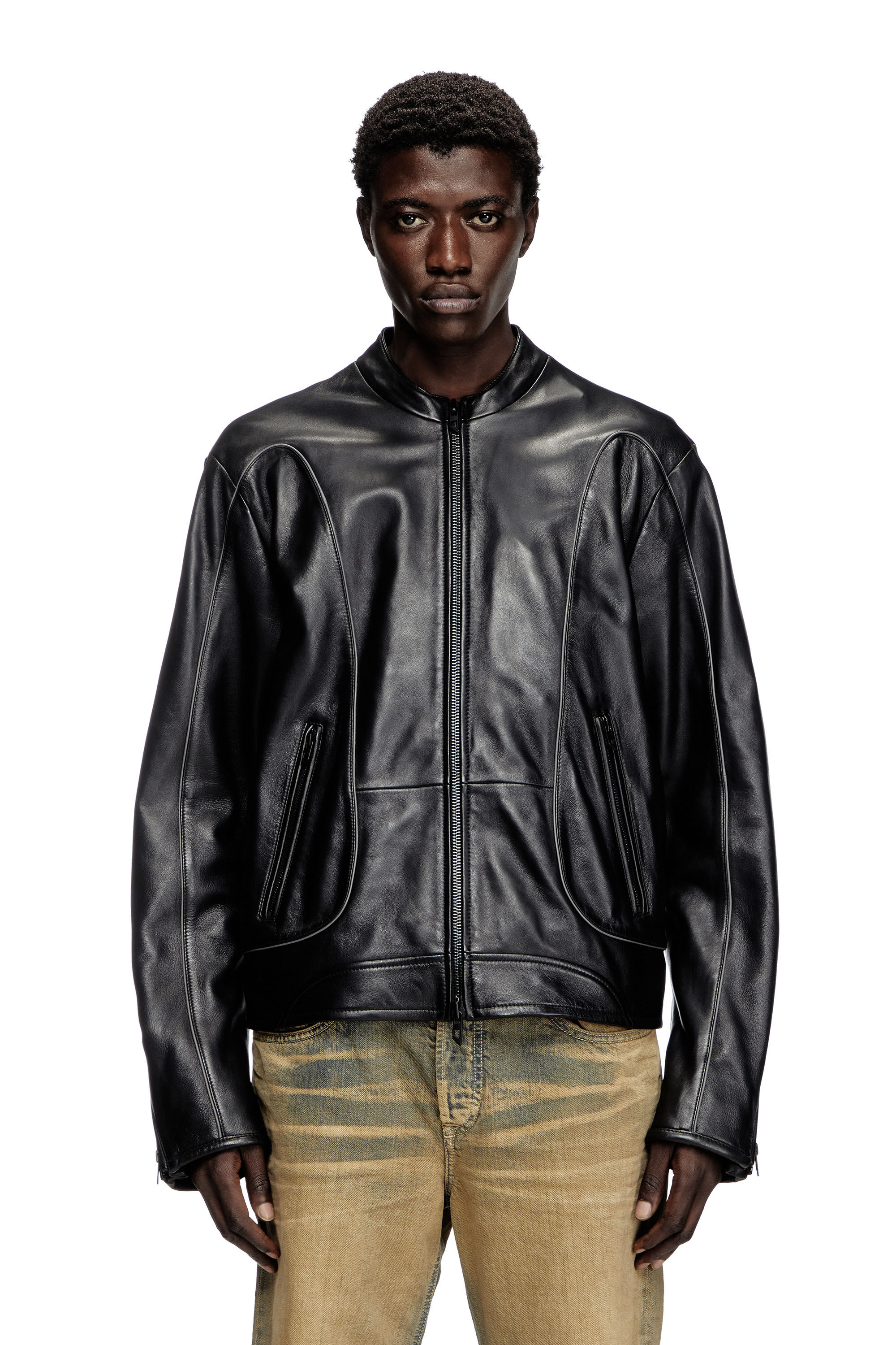 新品 正規品!!  detail piping with jacket biker Leather Men's | Diesel | Black ジャケット・アウター