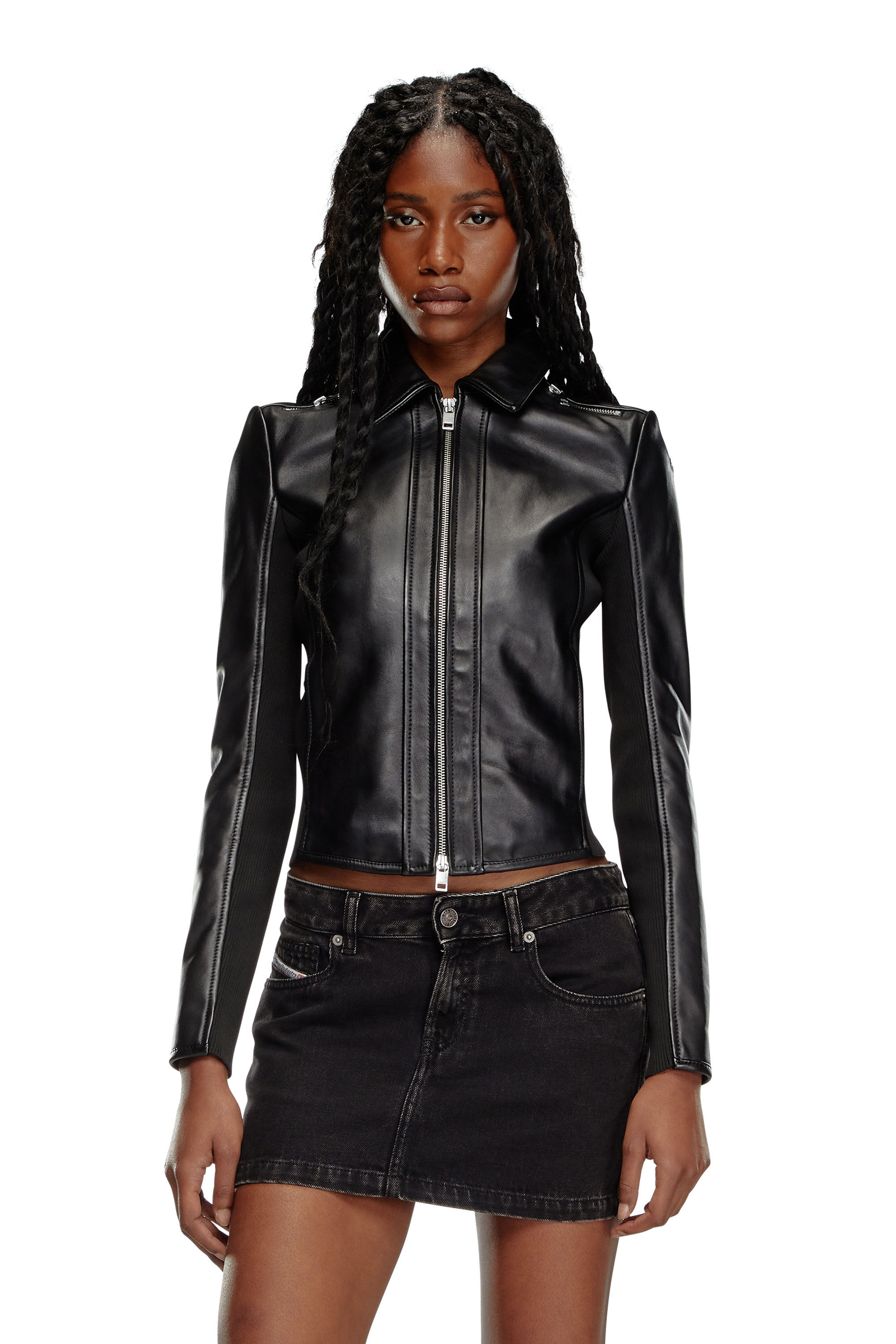 Women s Leather biker jacket with rib panels Black Diesel