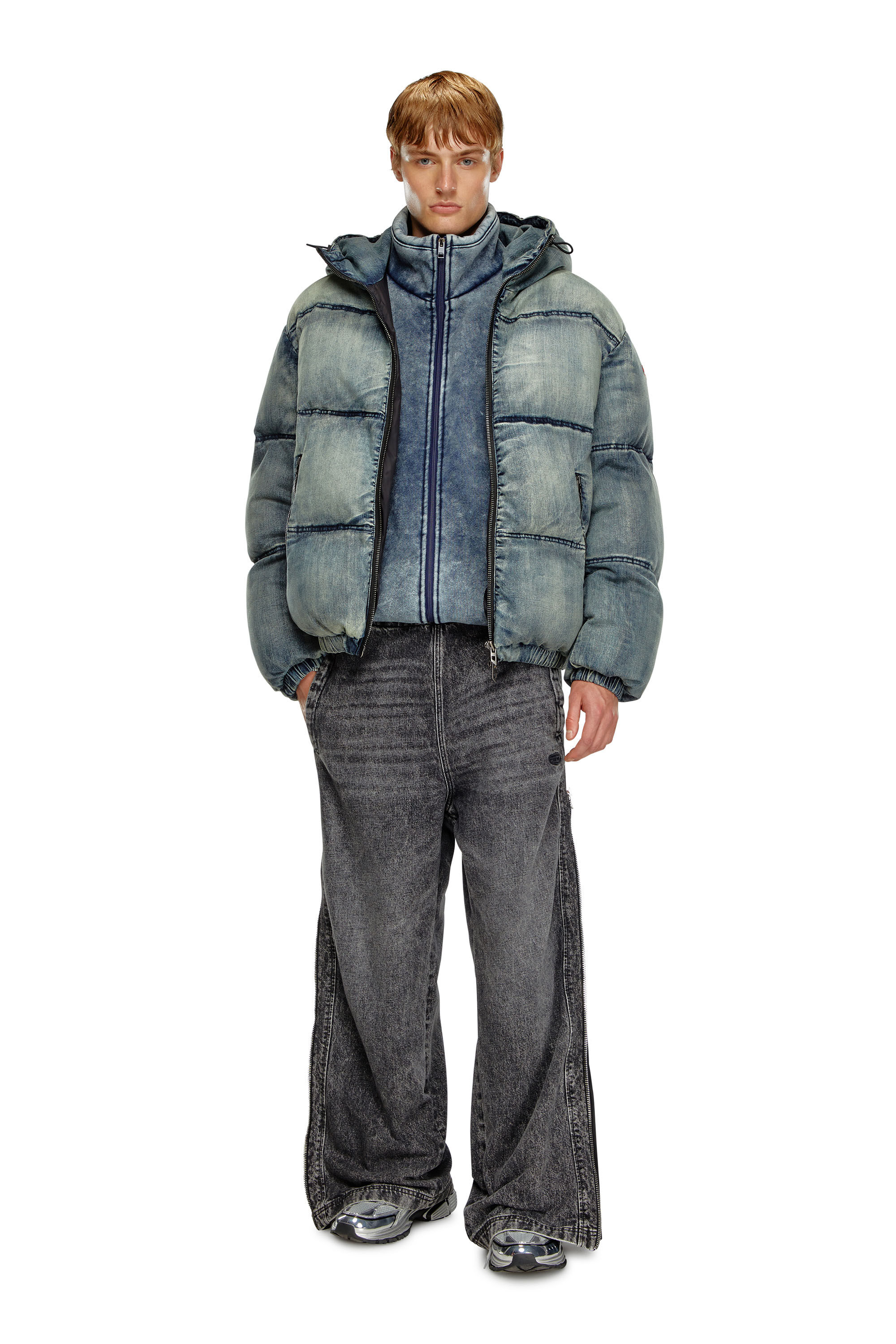 Men s Puffer jacket in treated denim Blue Diesel