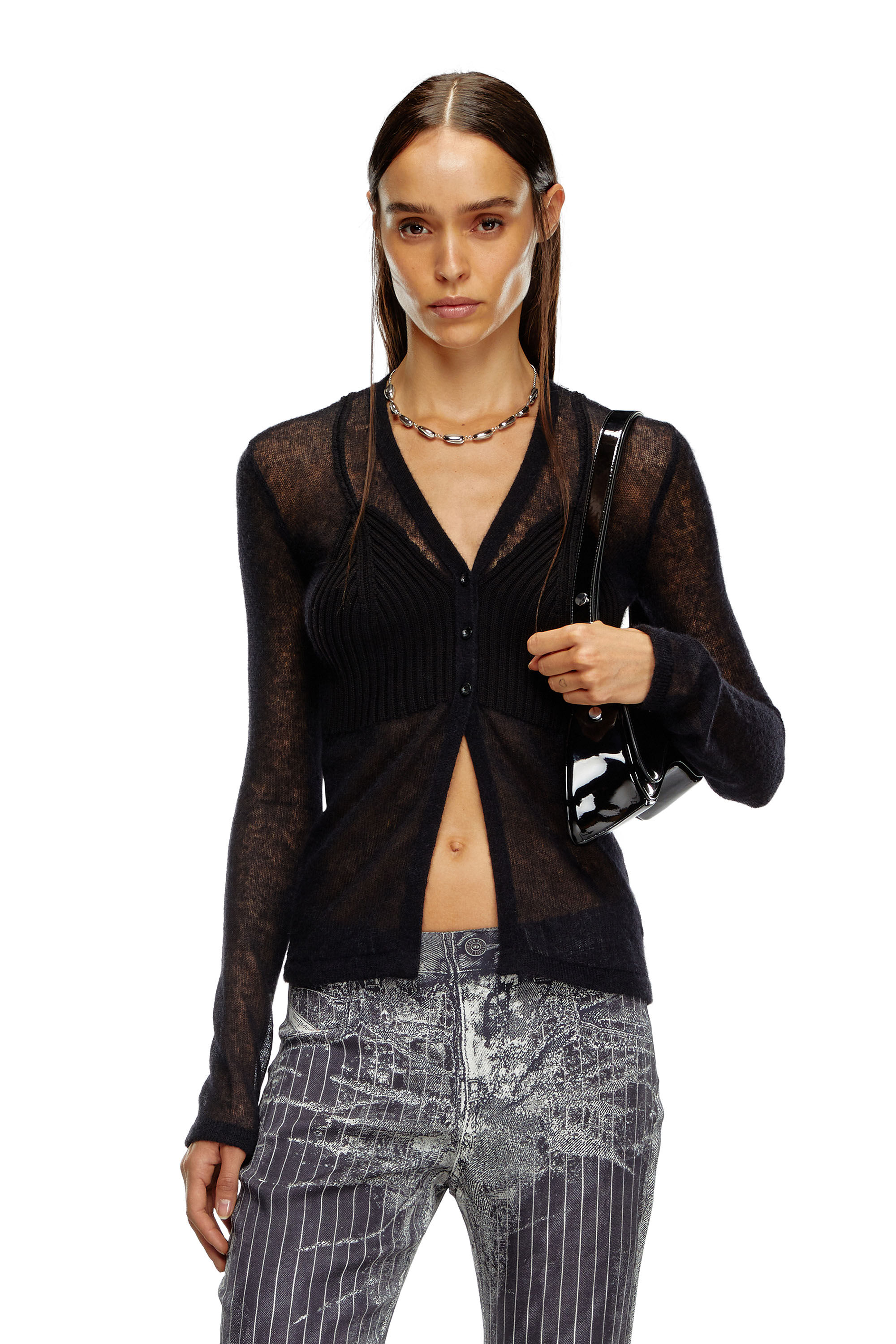 Women s Sheer cardigan with bra detail Black Diesel
