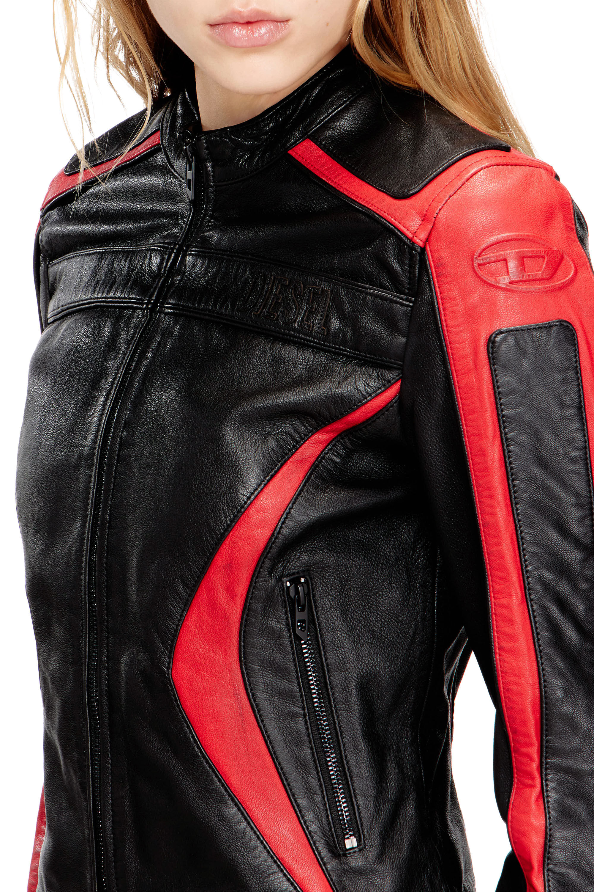 DIESEL バッファローレザー ジャケット ブラック/レッド Women's Biker jacket in colour-block leather | Multicolor | Diesel