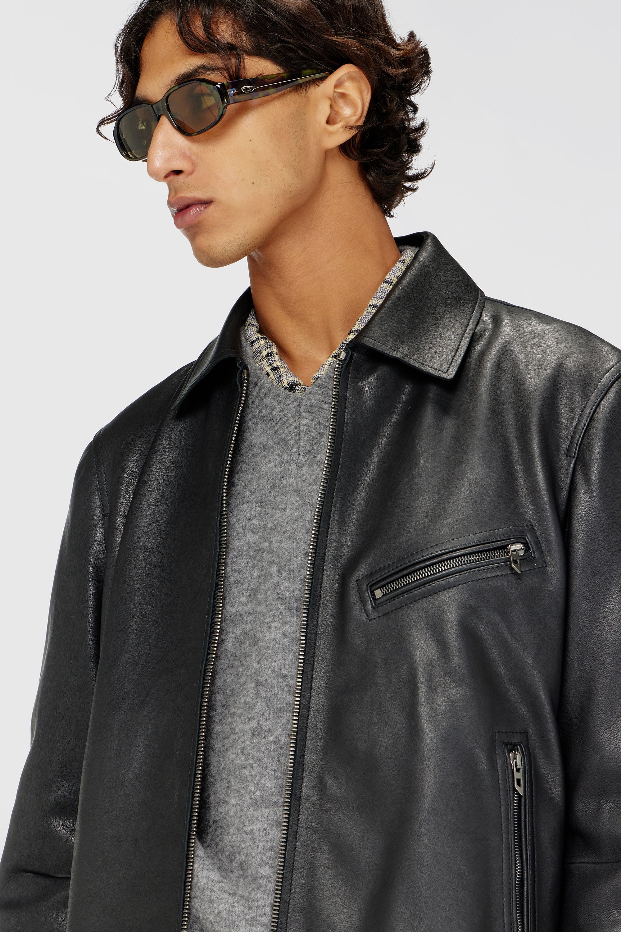 Men's Leather jacket with embossed Oval D | Black | Diesel GB