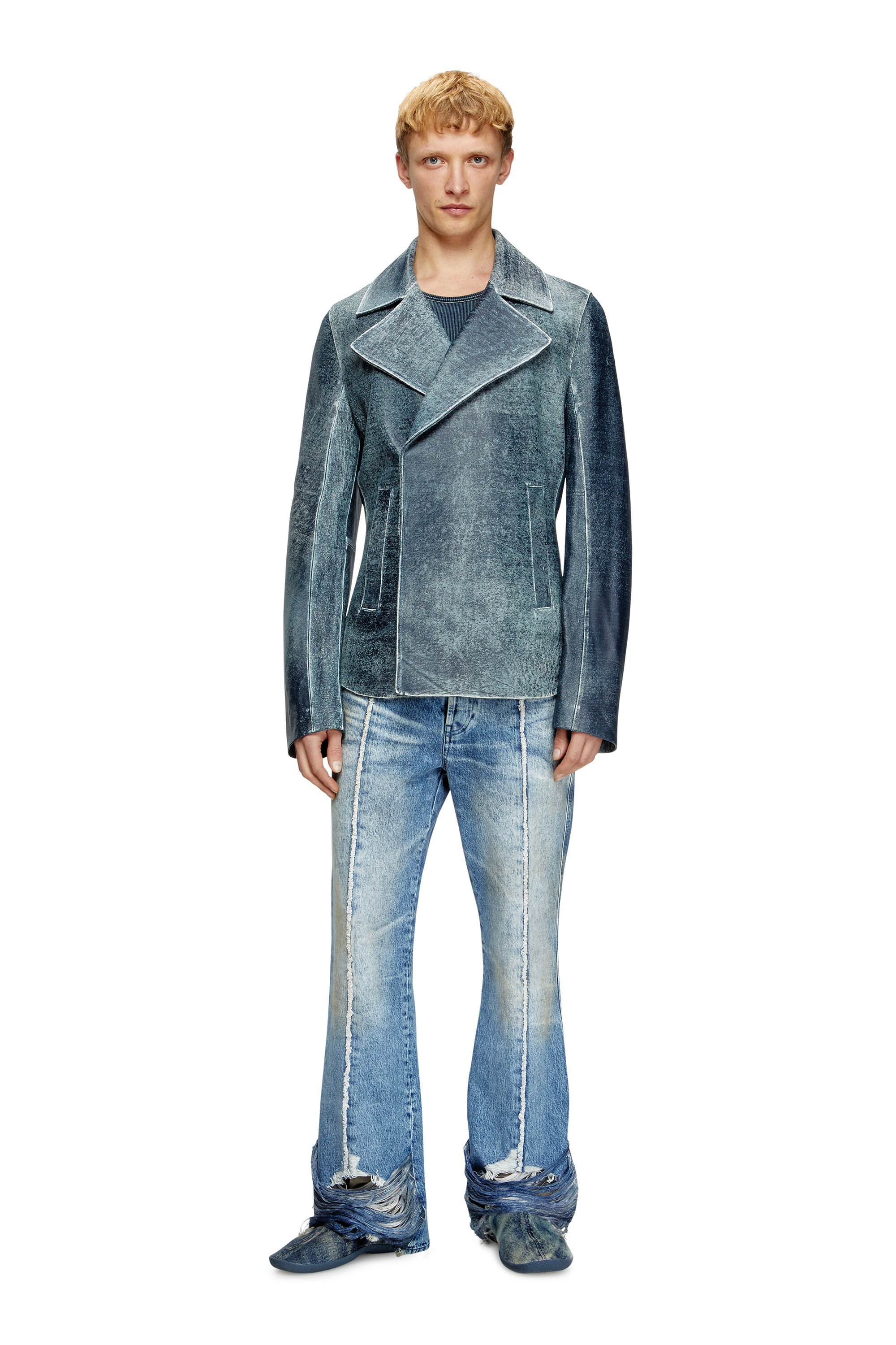 Diesel - L-WERNER, Man's Jacket in denim-treated leather in Dark Blue - 1