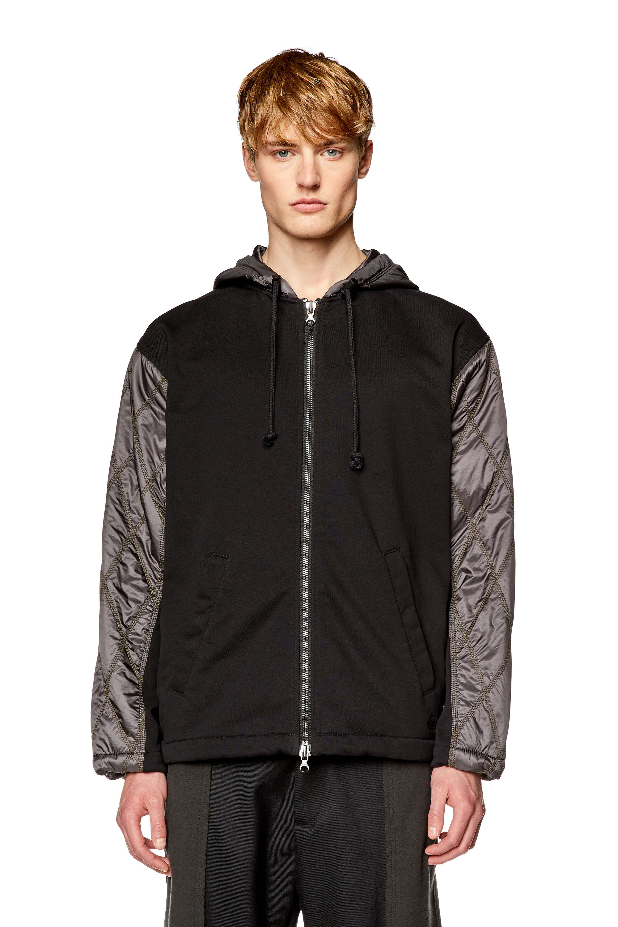 Diesel - J-ROMBE, Man's Hooded jacket in fleece and quilted nylon in Black - 5