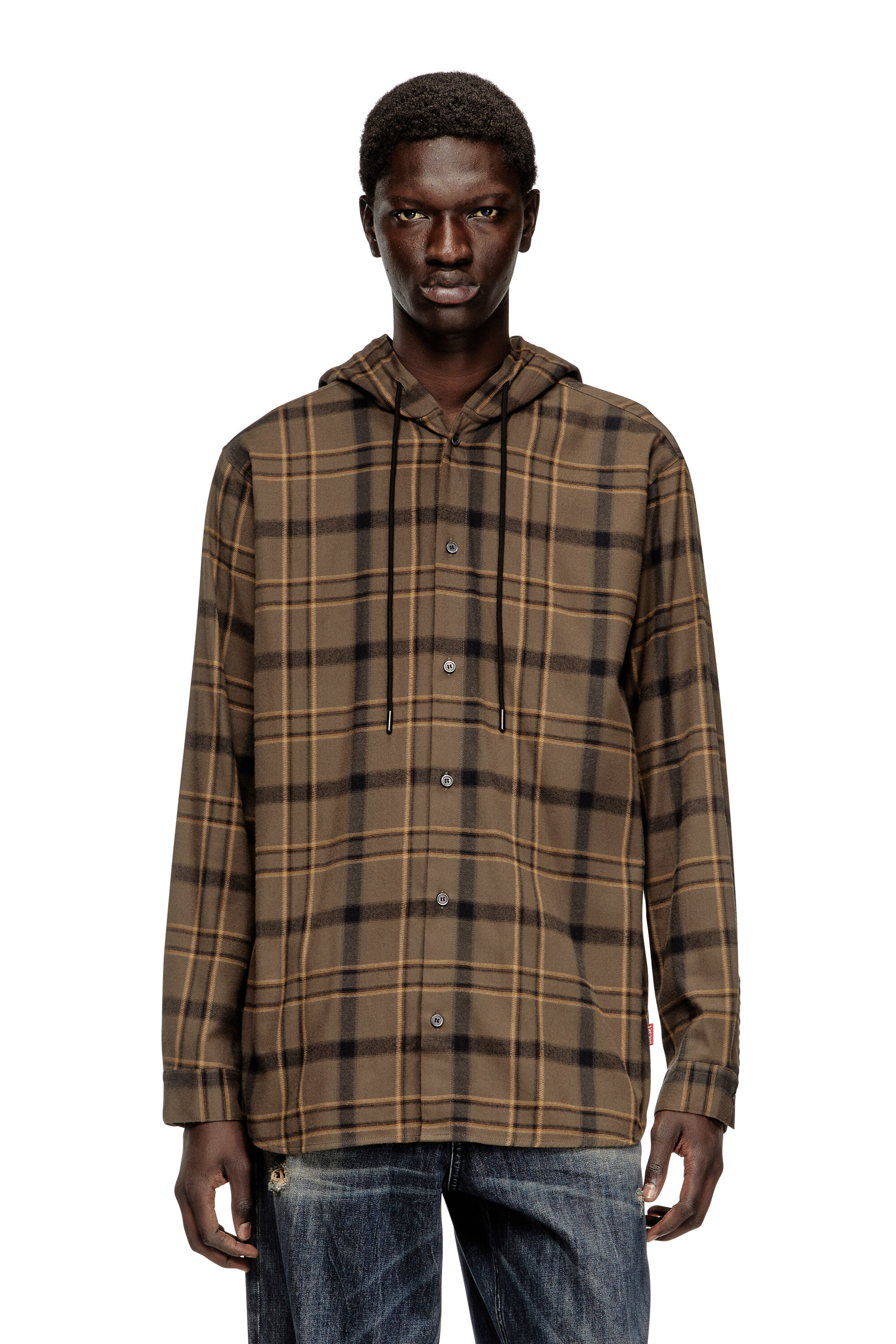 Men's Hooded shirt in check flannel with logo | Multicolor | Diesel