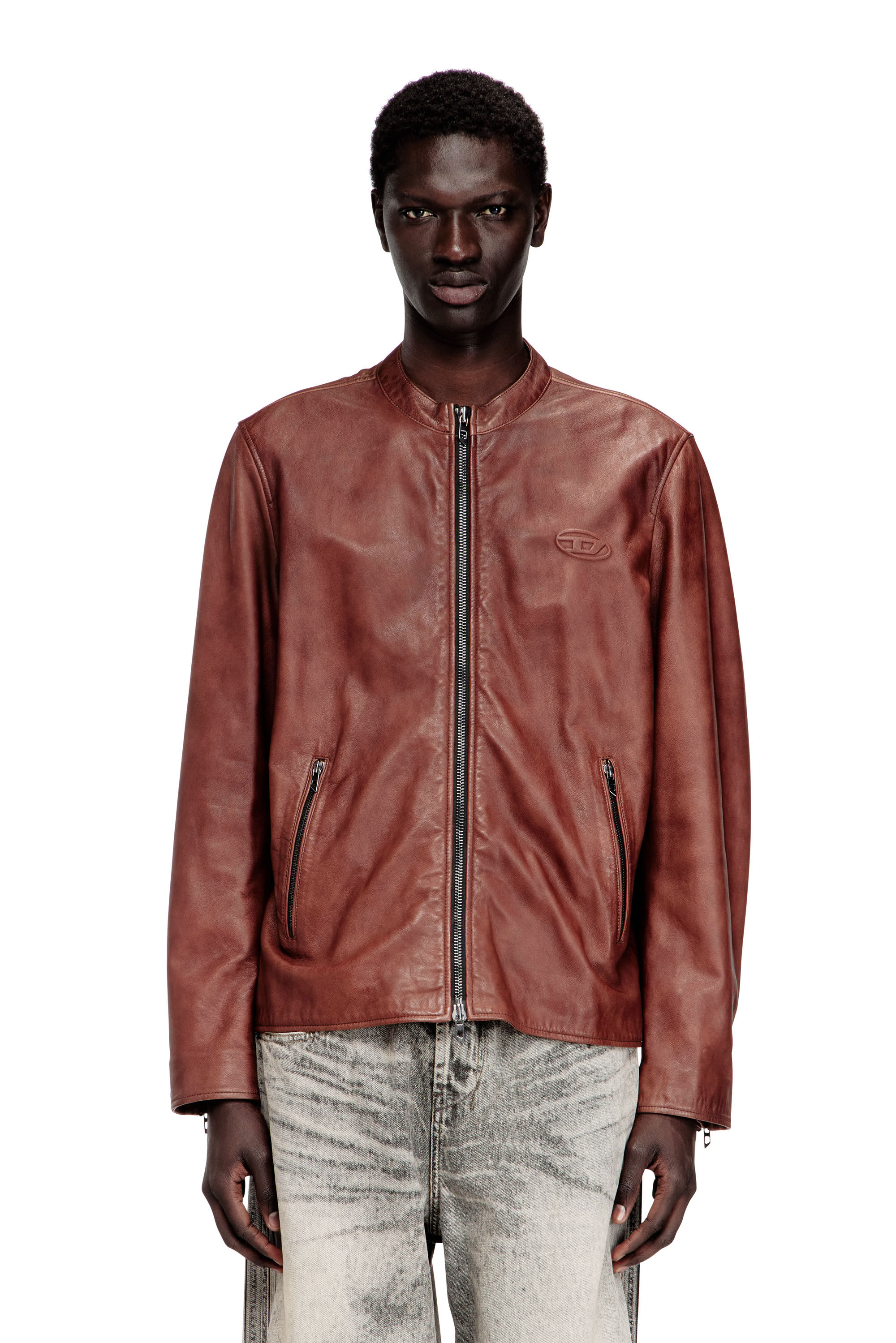 Men's Leather biker jacket with archival logo | Red | Diesel